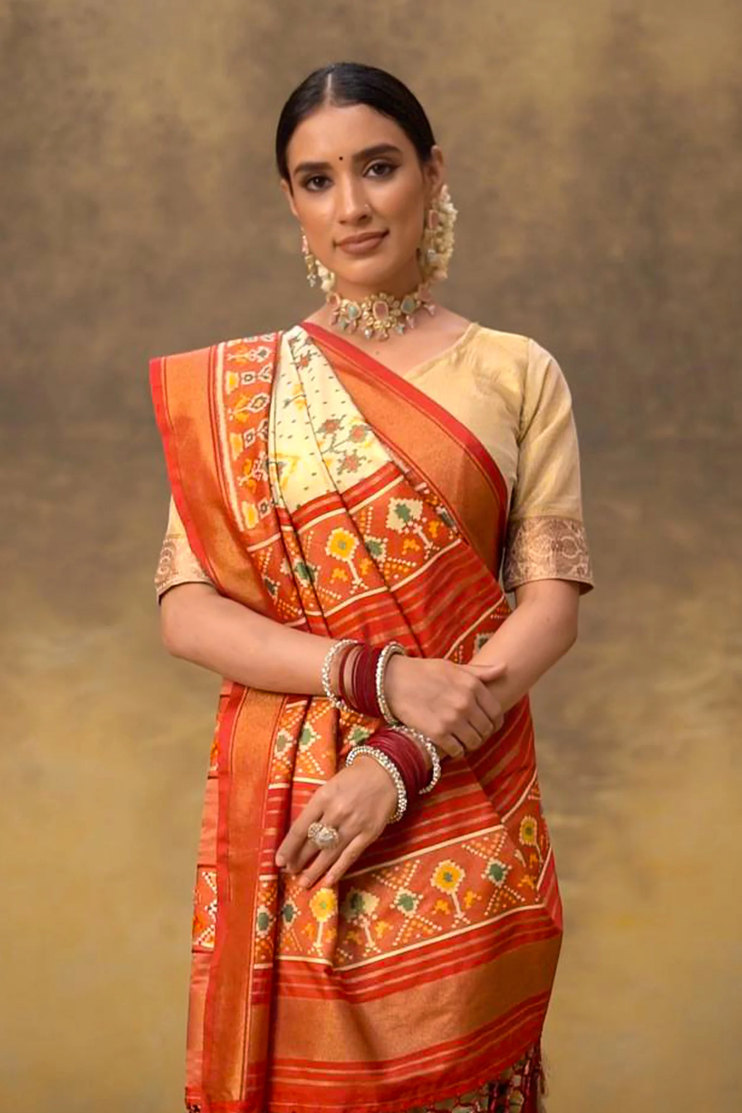 Beige Art Silk Patola Woven Saree with Contrast Pallu and Border - Image 3