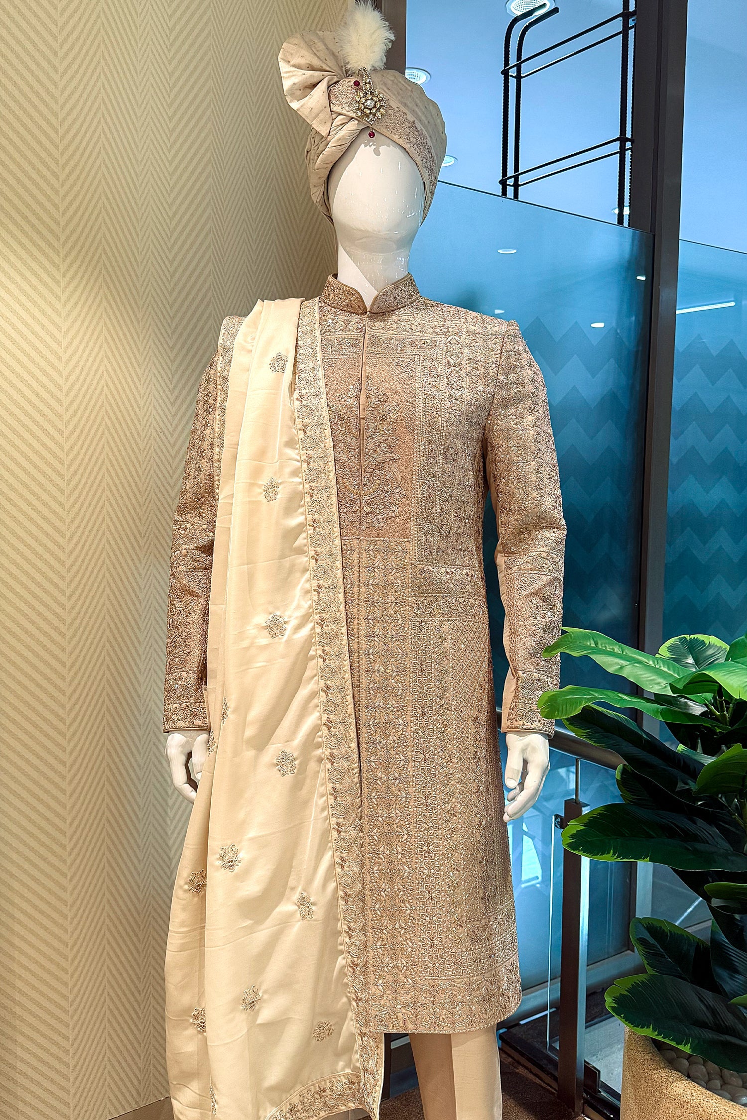Beige Silk Embroidered Sherwani - Image 3