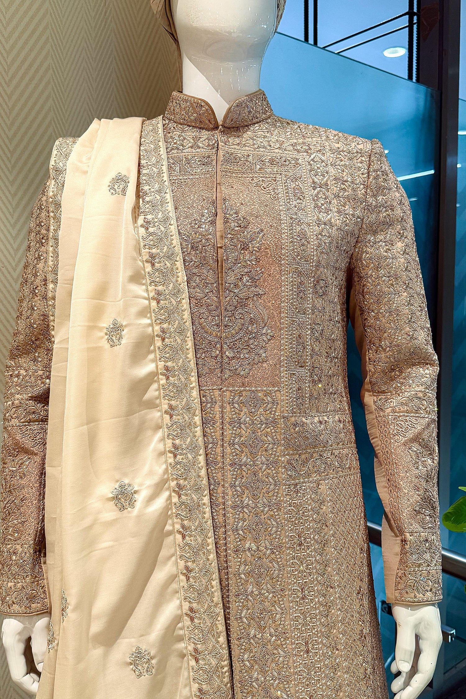 Beige Silk Embroidered Sherwani - Image 4