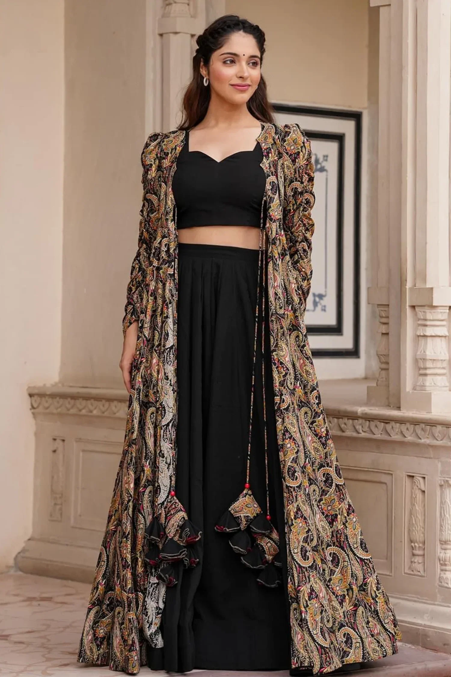 Black Crop Top Lehenga Set in Georgette with Paisley Motifs Long Shurg - Image 3