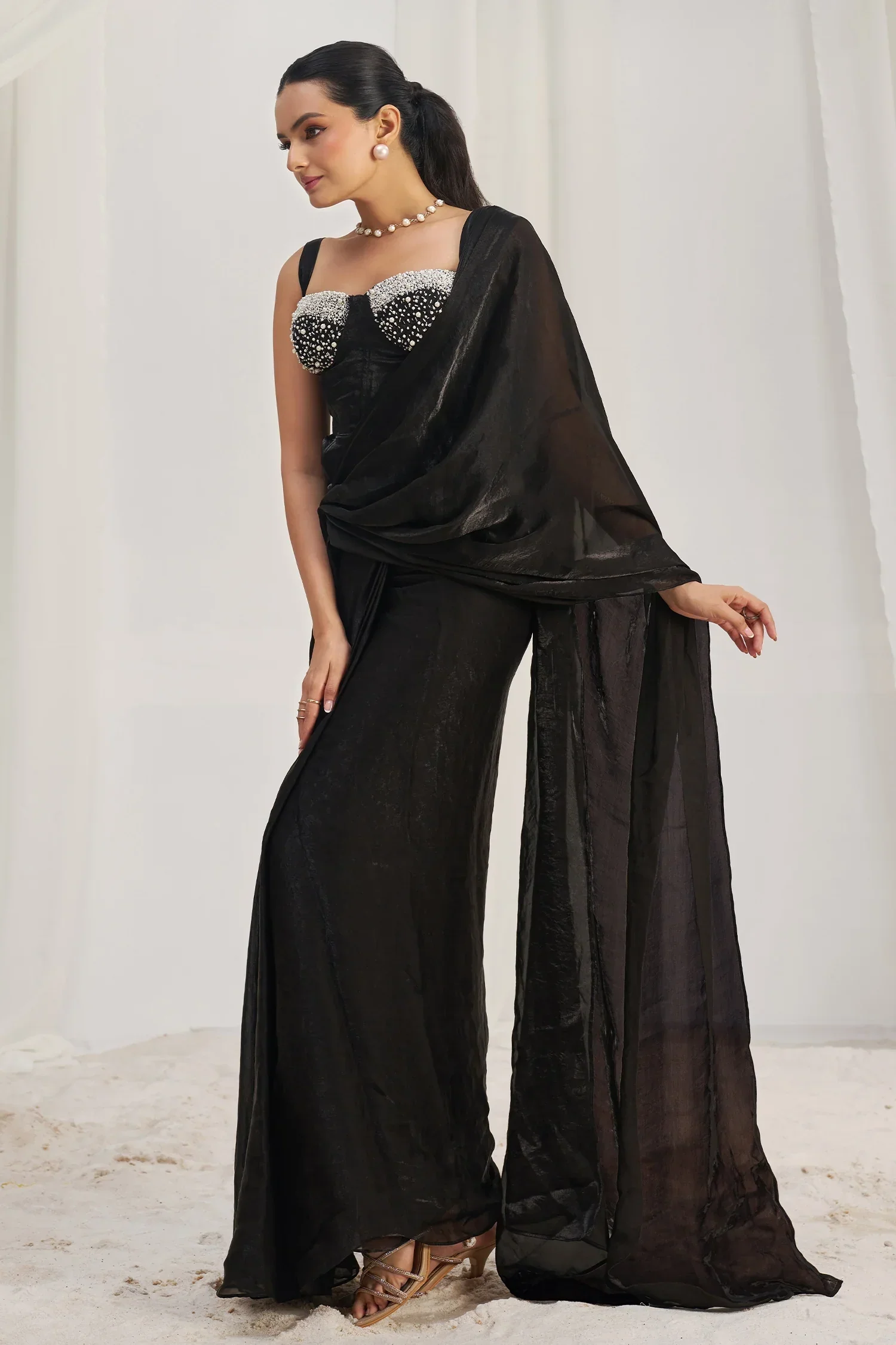 Black Orgazna Pre-Draped Saree with Corset - Image 3