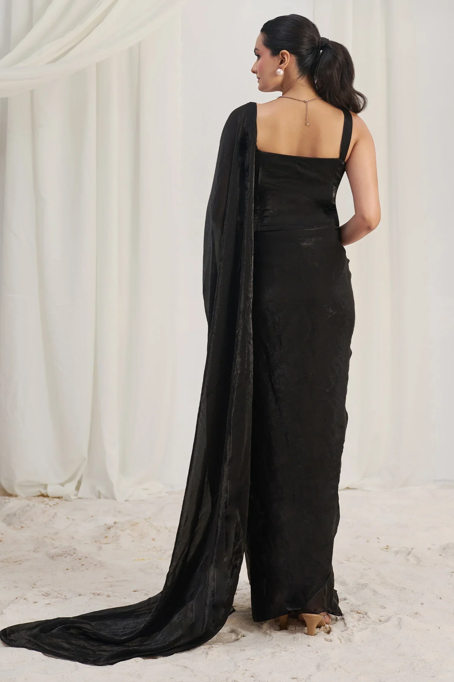 Black Orgazna Pre-Draped Saree with Corset - Image 5