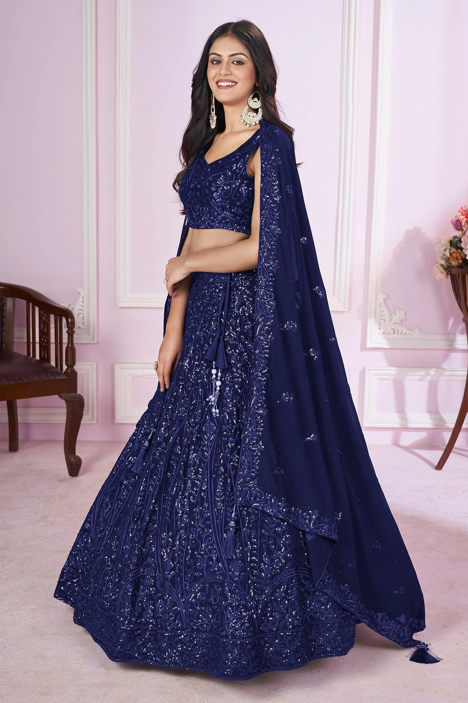 Blue Georgette Sequinned Lehenga - Image 3