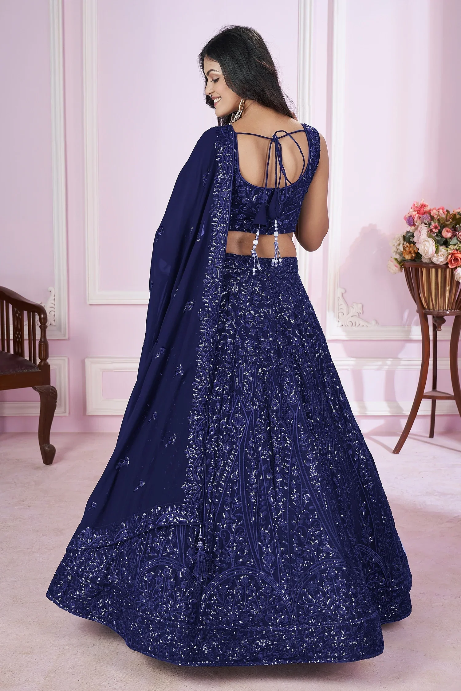 Blue Georgette Sequinned Lehenga - Image 4