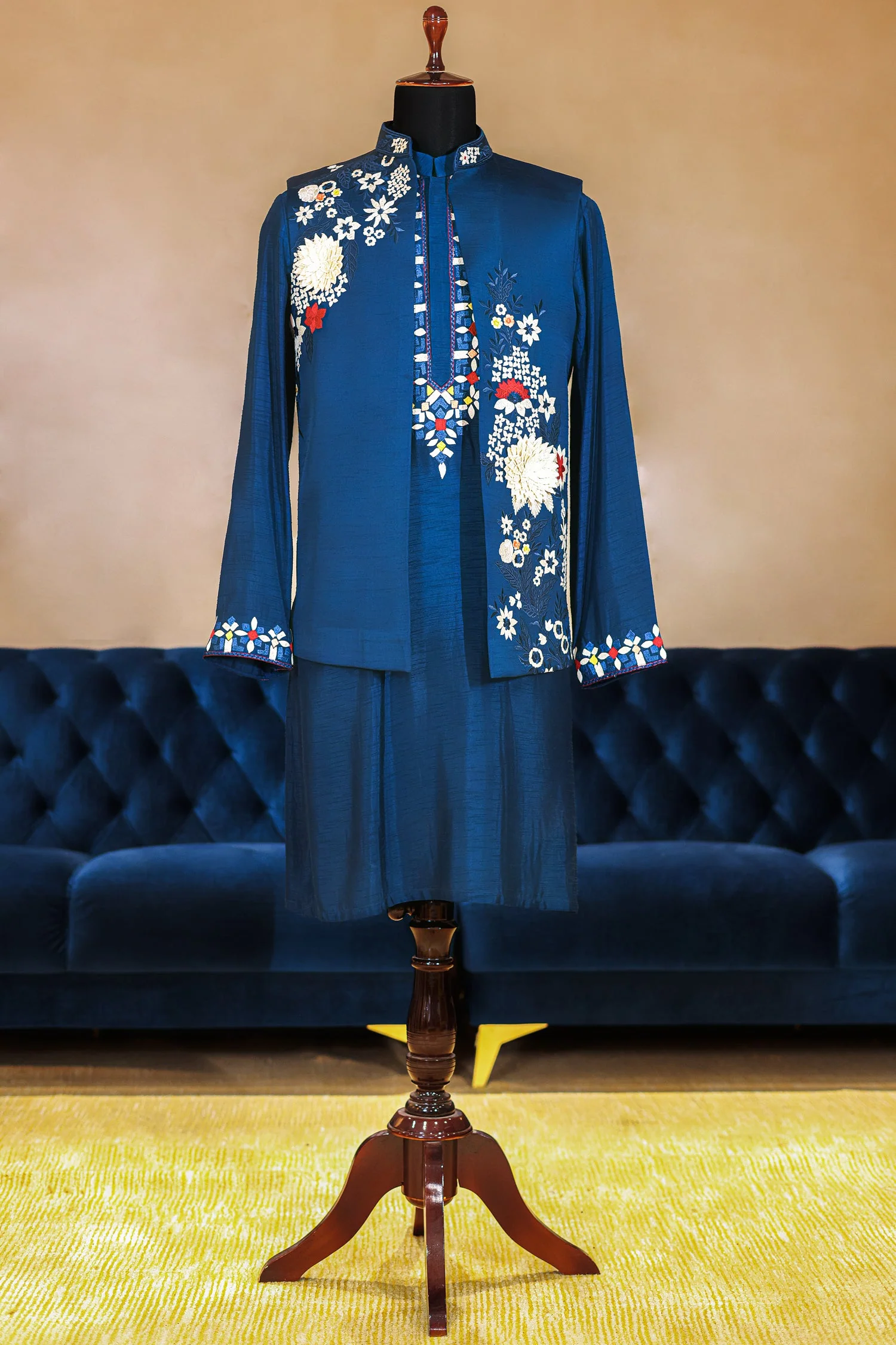 Blue Jodhpuri Kurta Set in Silk with Multi Colored Embroidery and Beads Work Jacket - Image 3