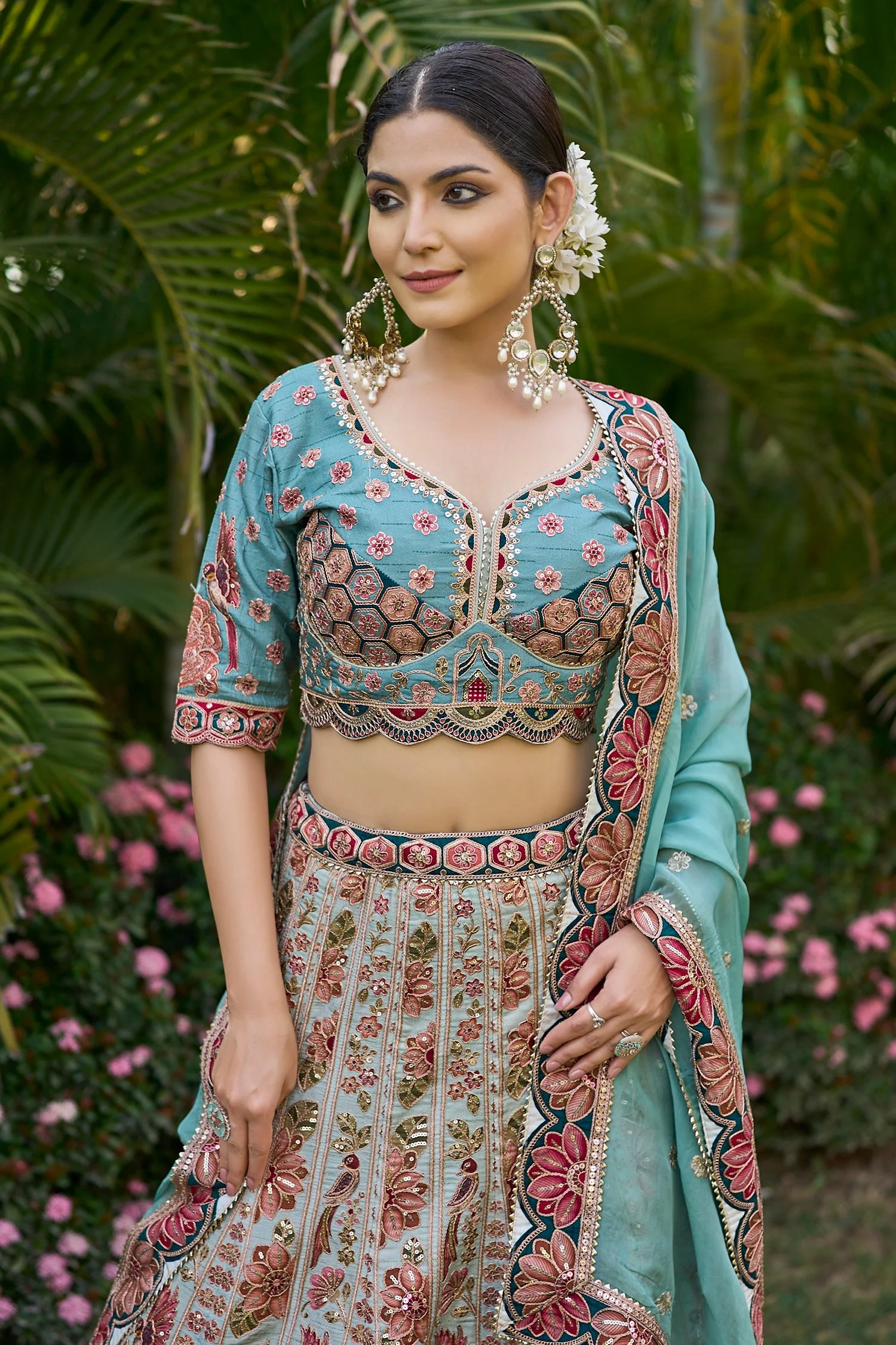 Blue Raw Silk Floral Printed and Sequin Embroidered Lehenga - Image 3