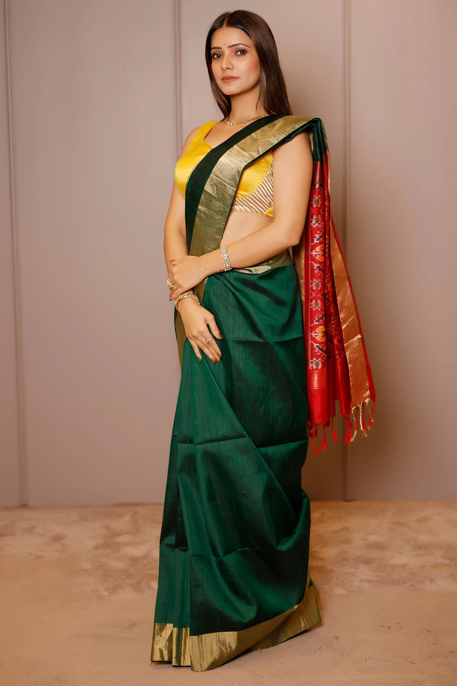Bottle Green Raw Silk Plain Saree with Contrast Patola Pallu - Image 3
