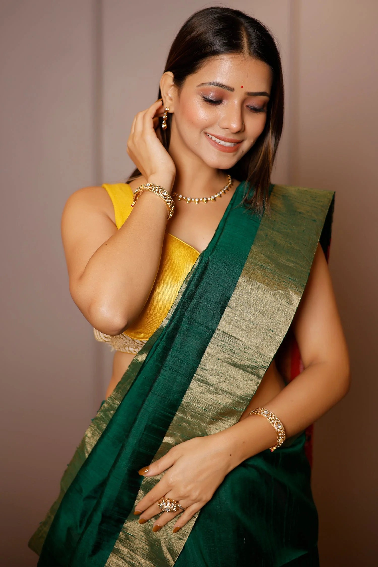 Bottle Green Raw Silk Plain Saree with Contrast Patola Pallu - Image 4