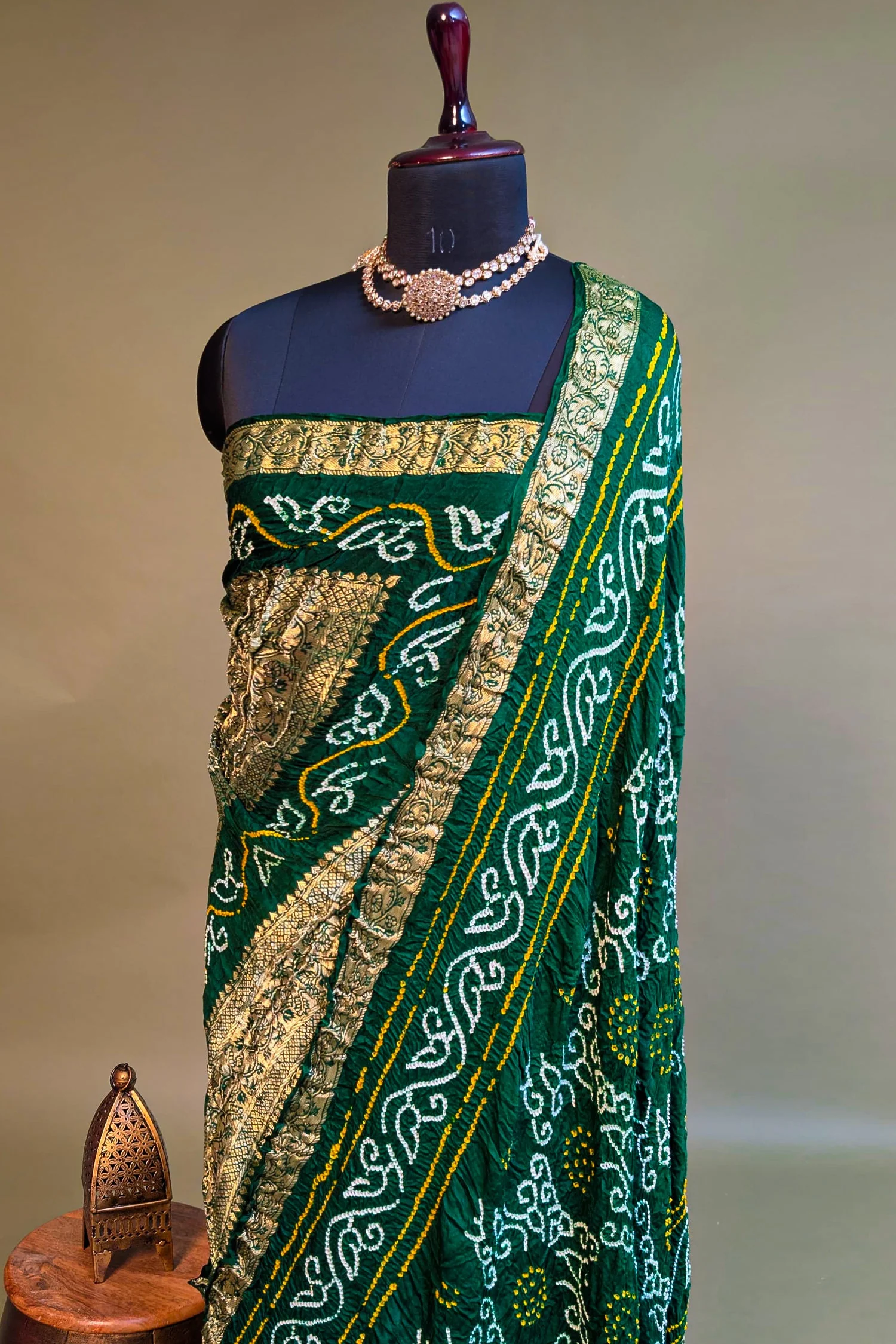 Dark Green Gaji Silk Traditional Bandhej Saree - Image 3