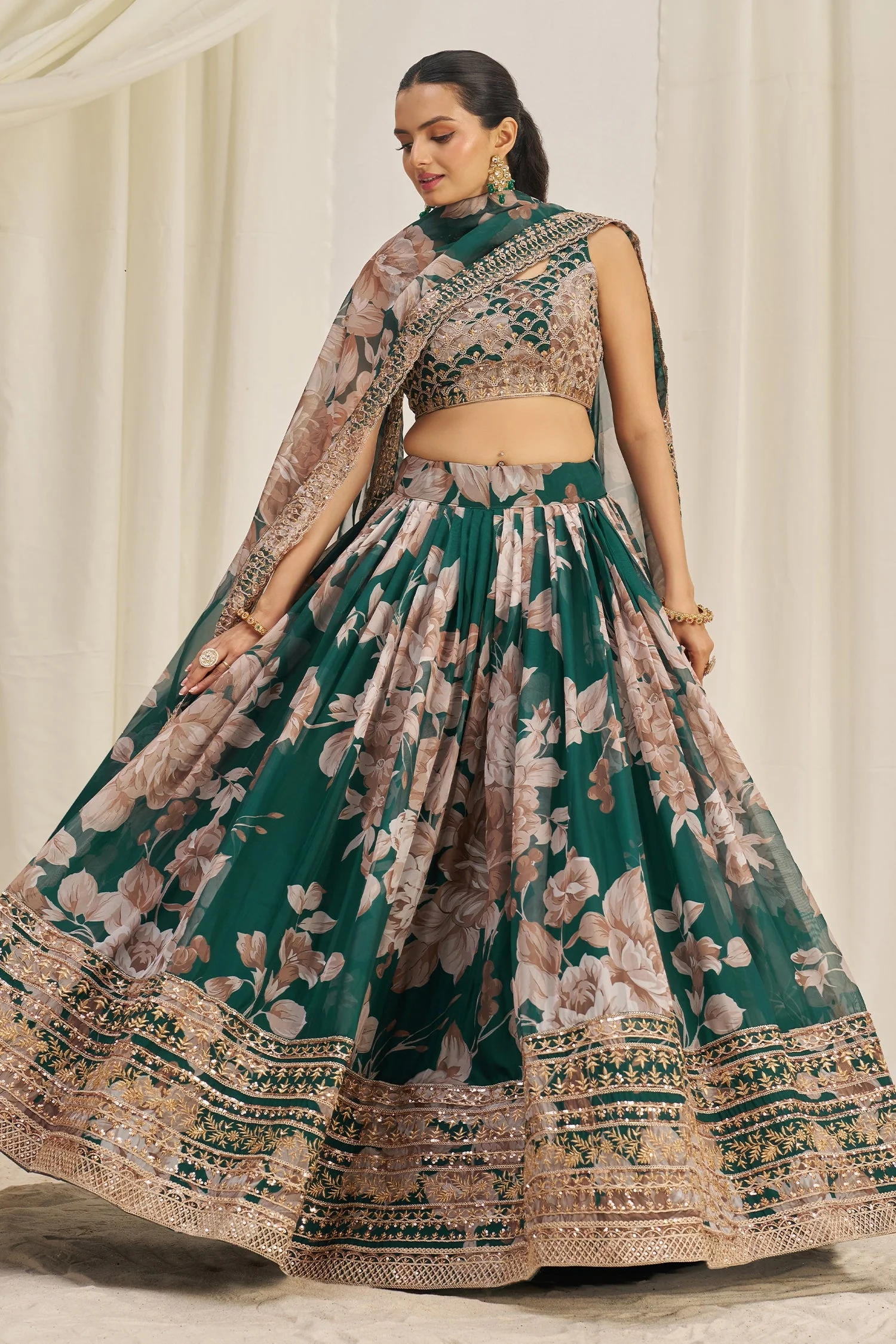 Dark Green Organza Floral Printed Lehenga with Sequins Border - Image 3