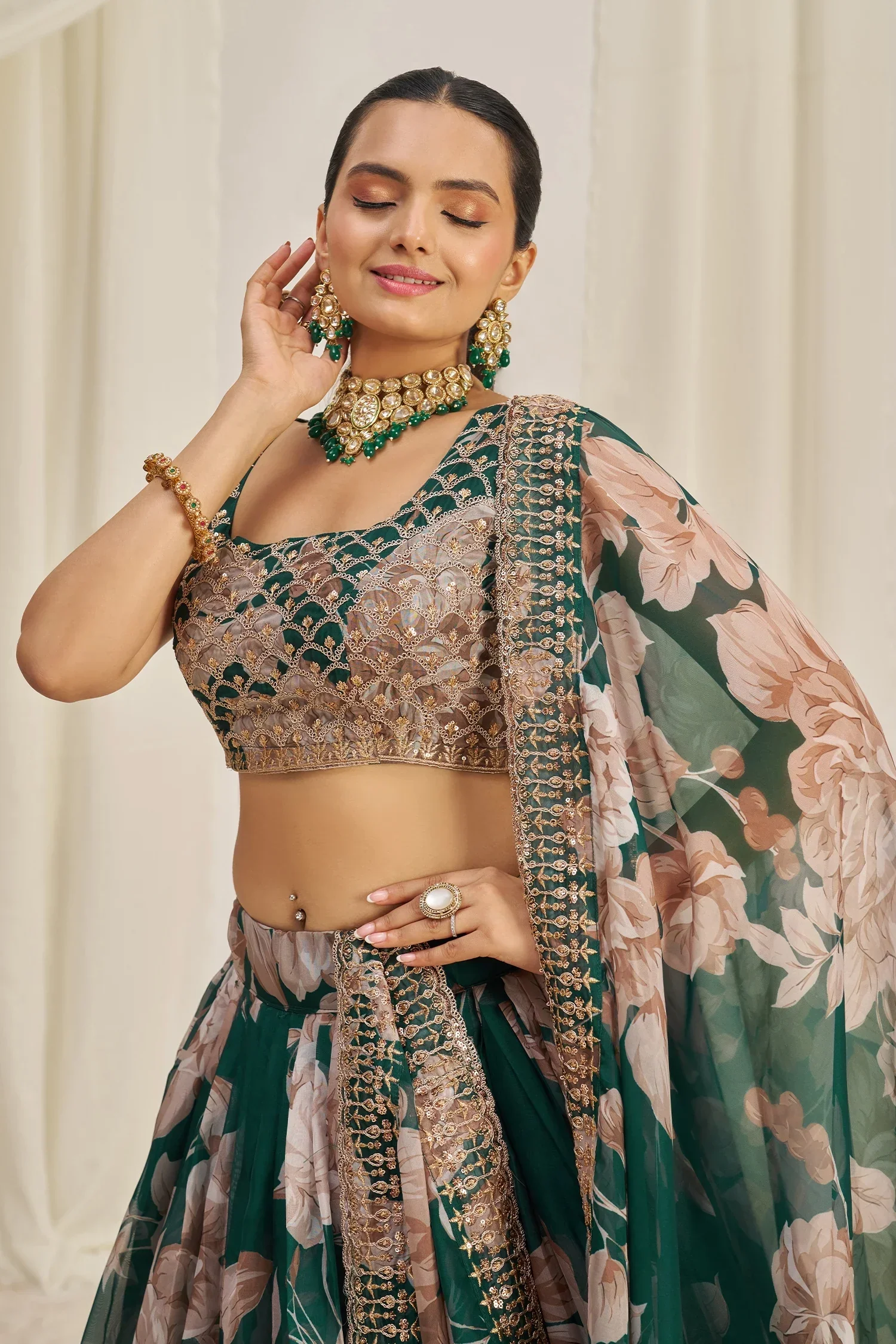 Dark Green Organza Floral Printed Lehenga with Sequins Border - Image 5