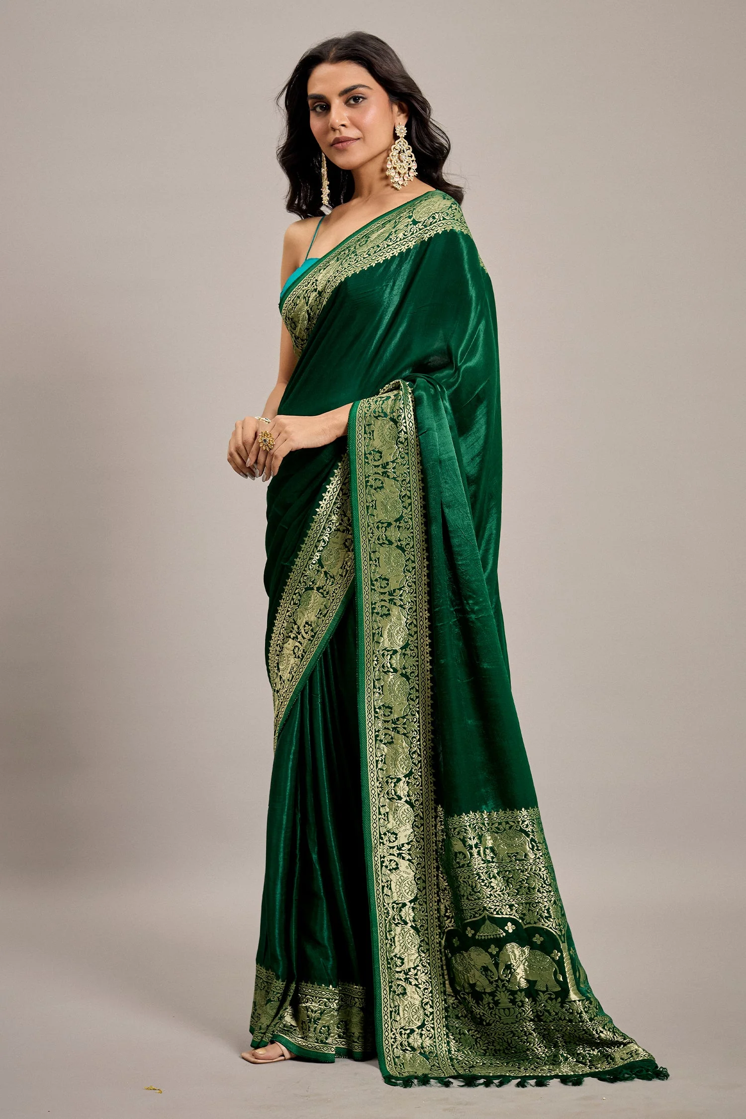 Dark Green Satin Silk Saree with Elephant Motifs Border - Image 3