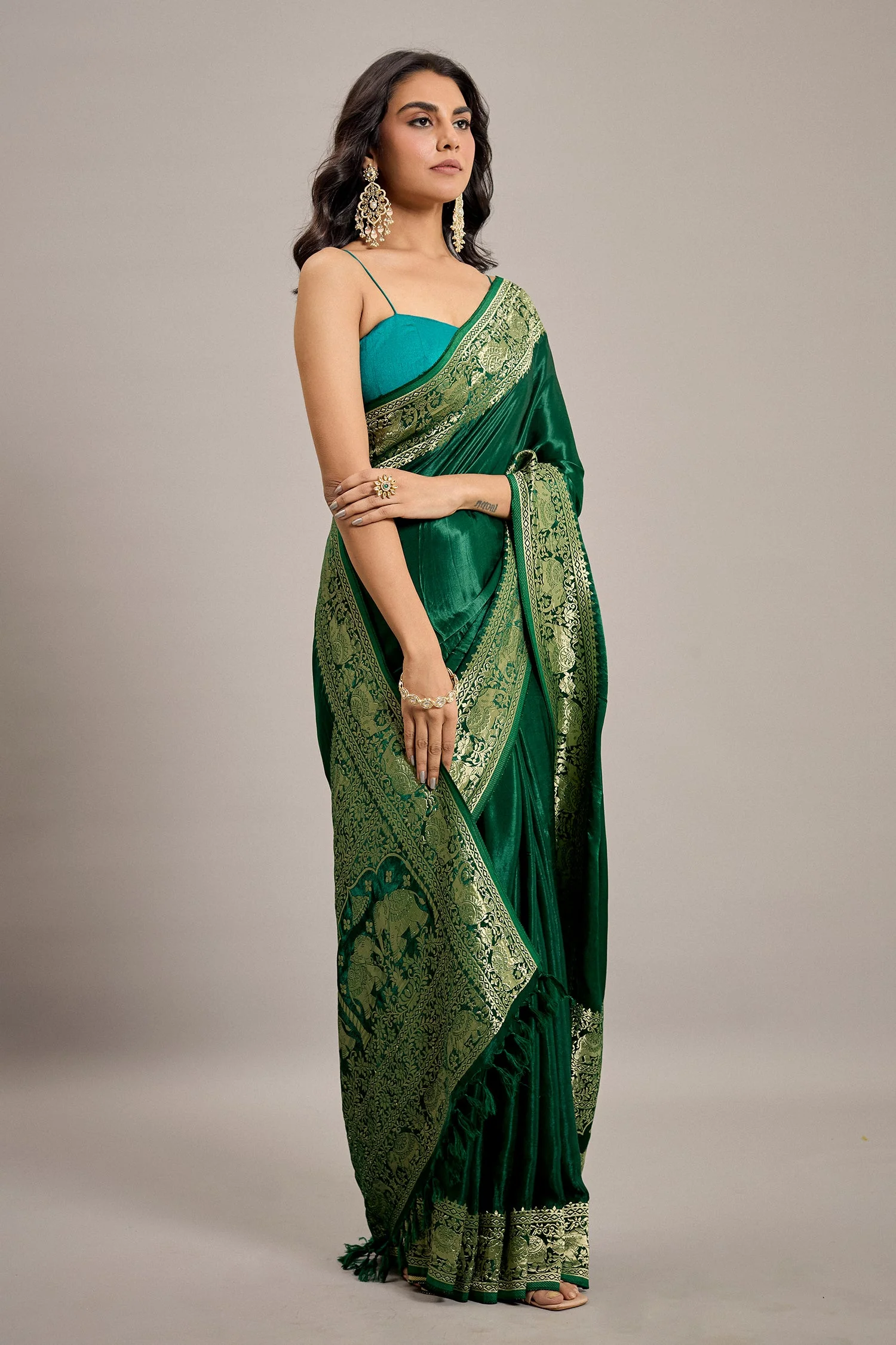 Dark Green Satin Silk Saree with Elephant Motifs Border - Image 4