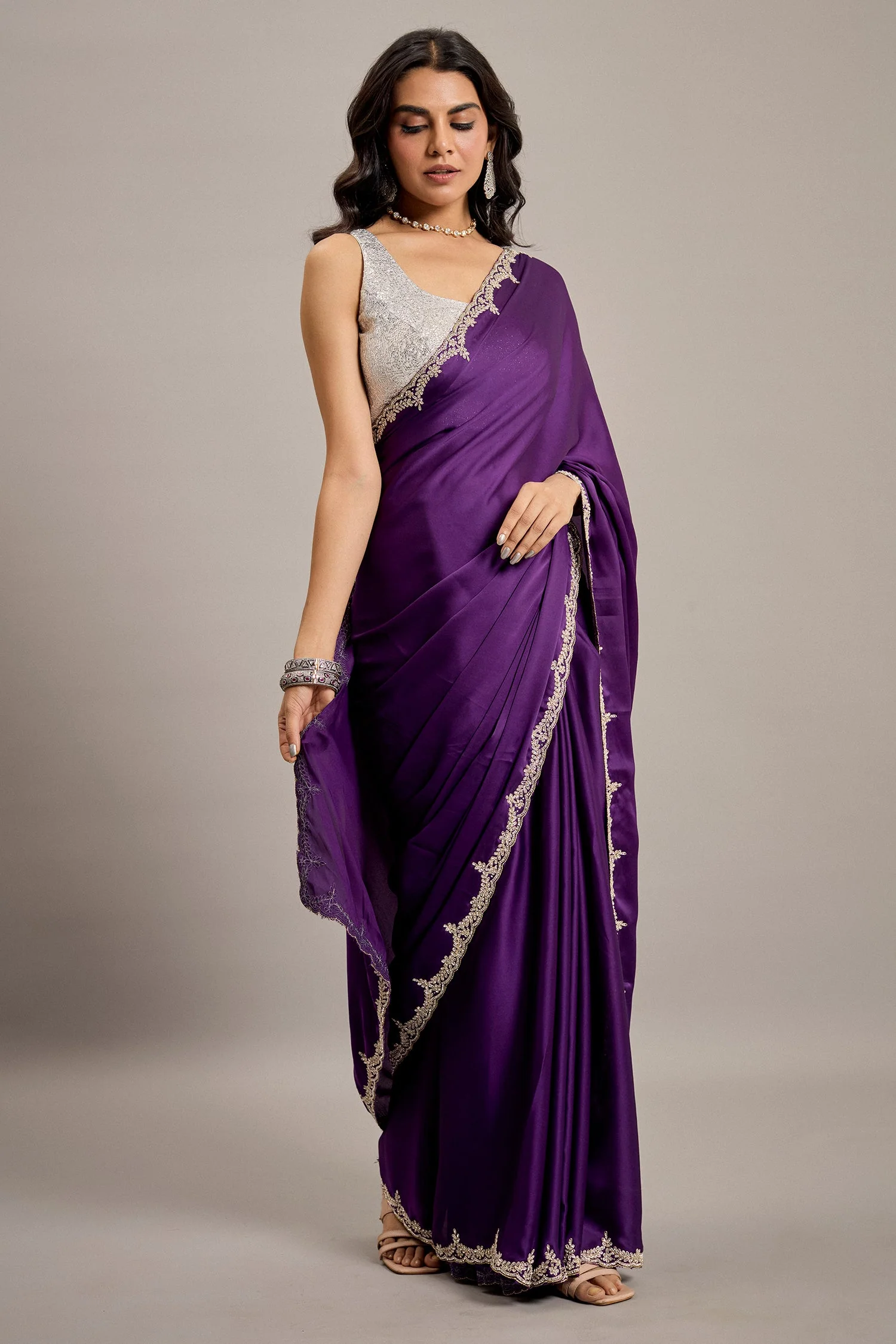 Deep Violet Satin Crepe Silk Saree with Diamond Embellishment Border - Image 3