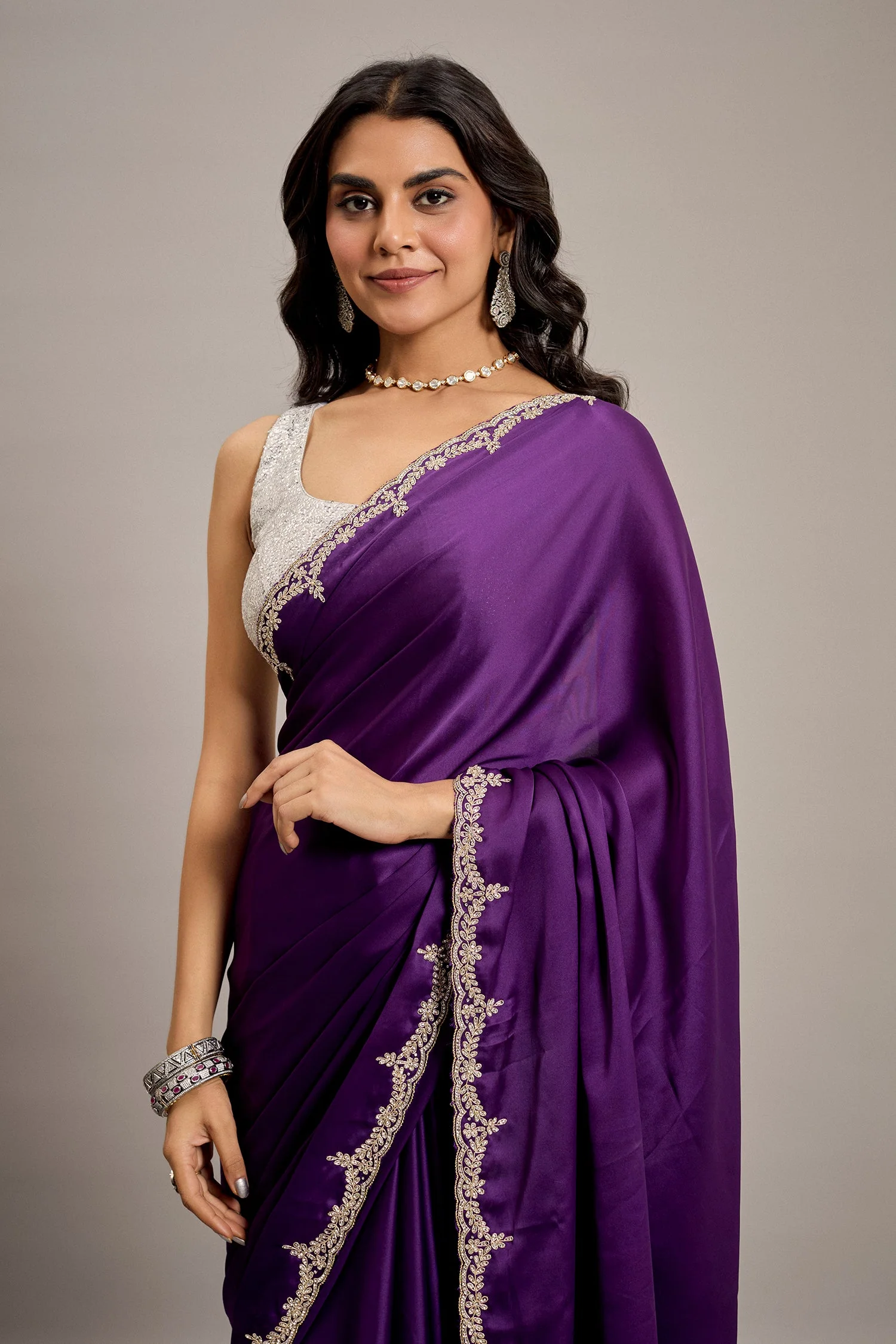 Deep Violet Satin Crepe Silk Saree with Diamond Embellishment Border - Image 4