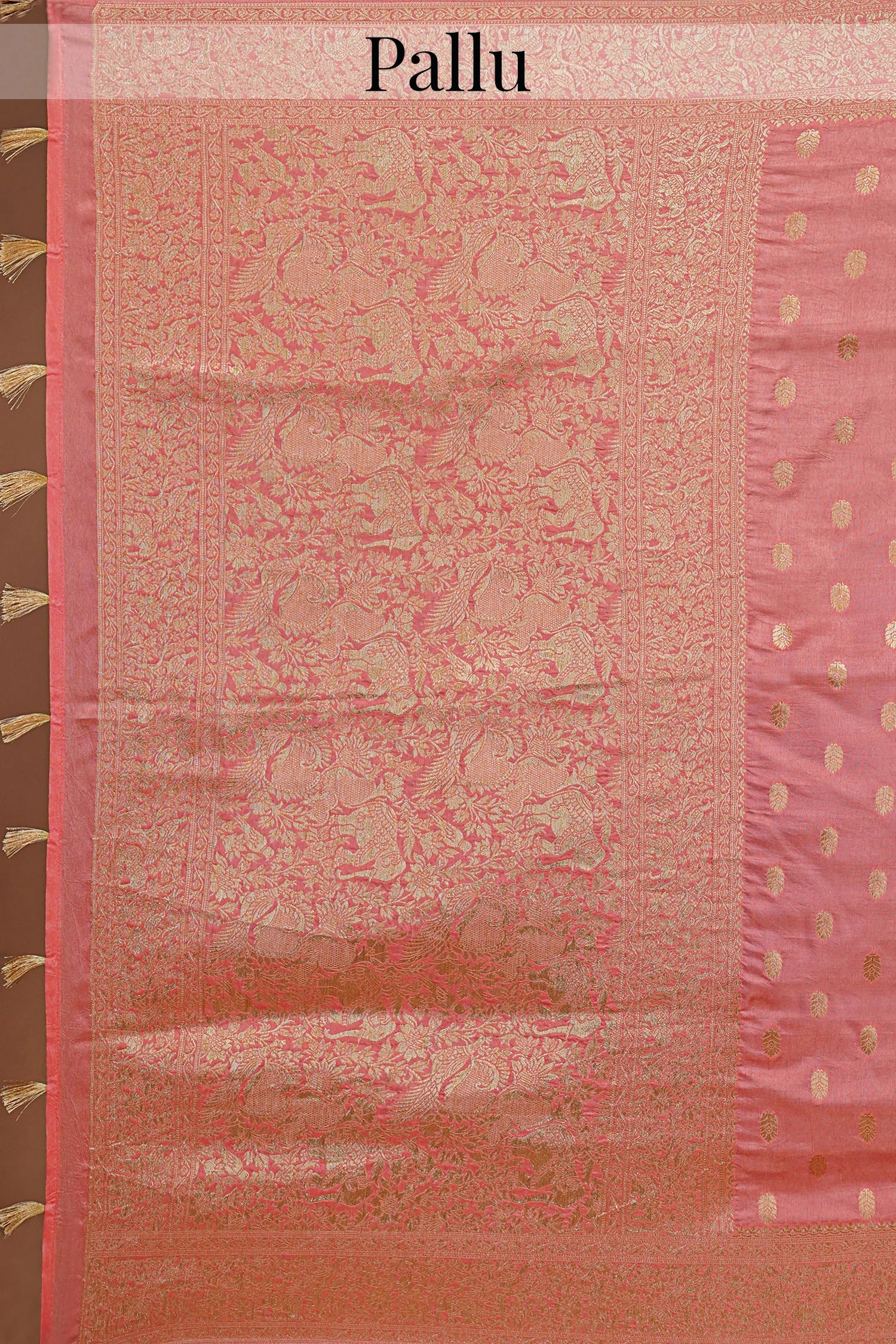 Flamingo Pink Woven Butti Saree in Muga Silk with Elephant and Peacock Motifs - Image 4