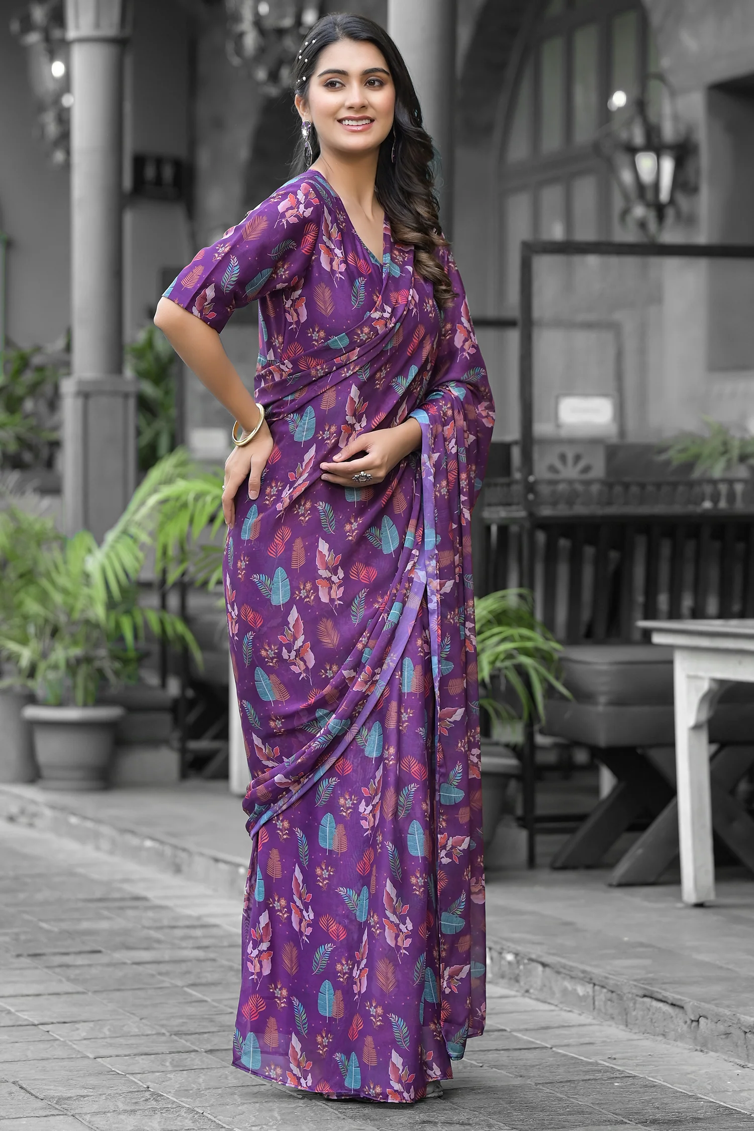 Georgette Printed Readymade Gown Style Saree - Image 3