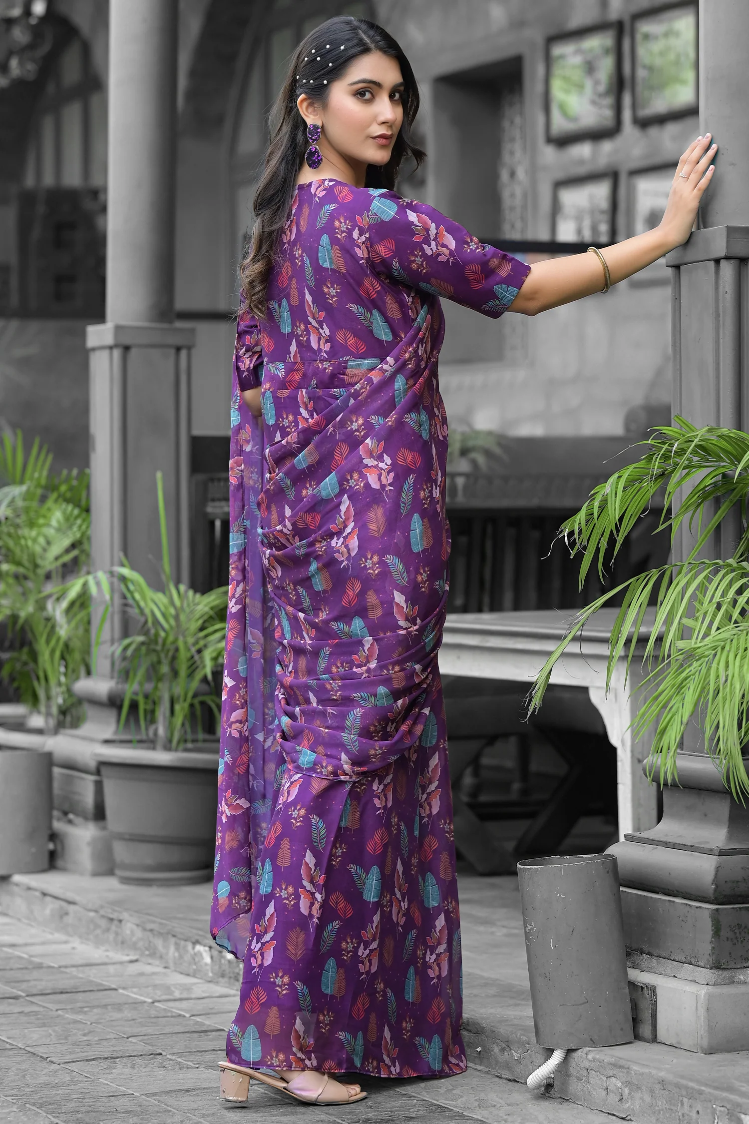 Georgette Printed Readymade Gown Style Saree - Image 4