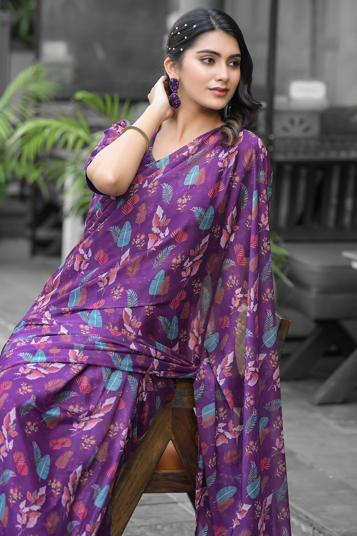 Georgette Printed Readymade Gown Style Saree - Image 5