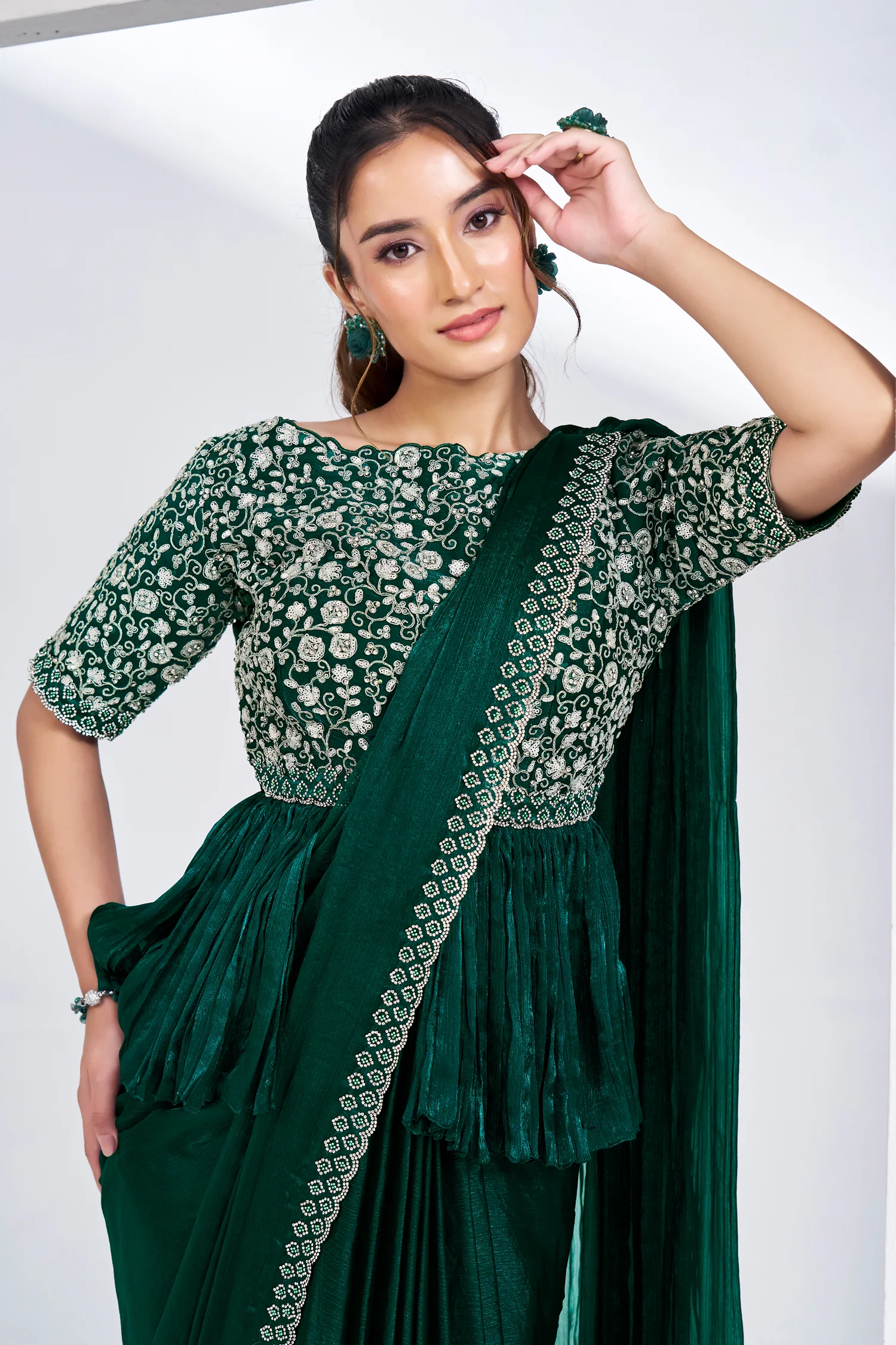 Green Shimmer Chiffon Readymade Saree with Peplum Style Blouse - Image 3