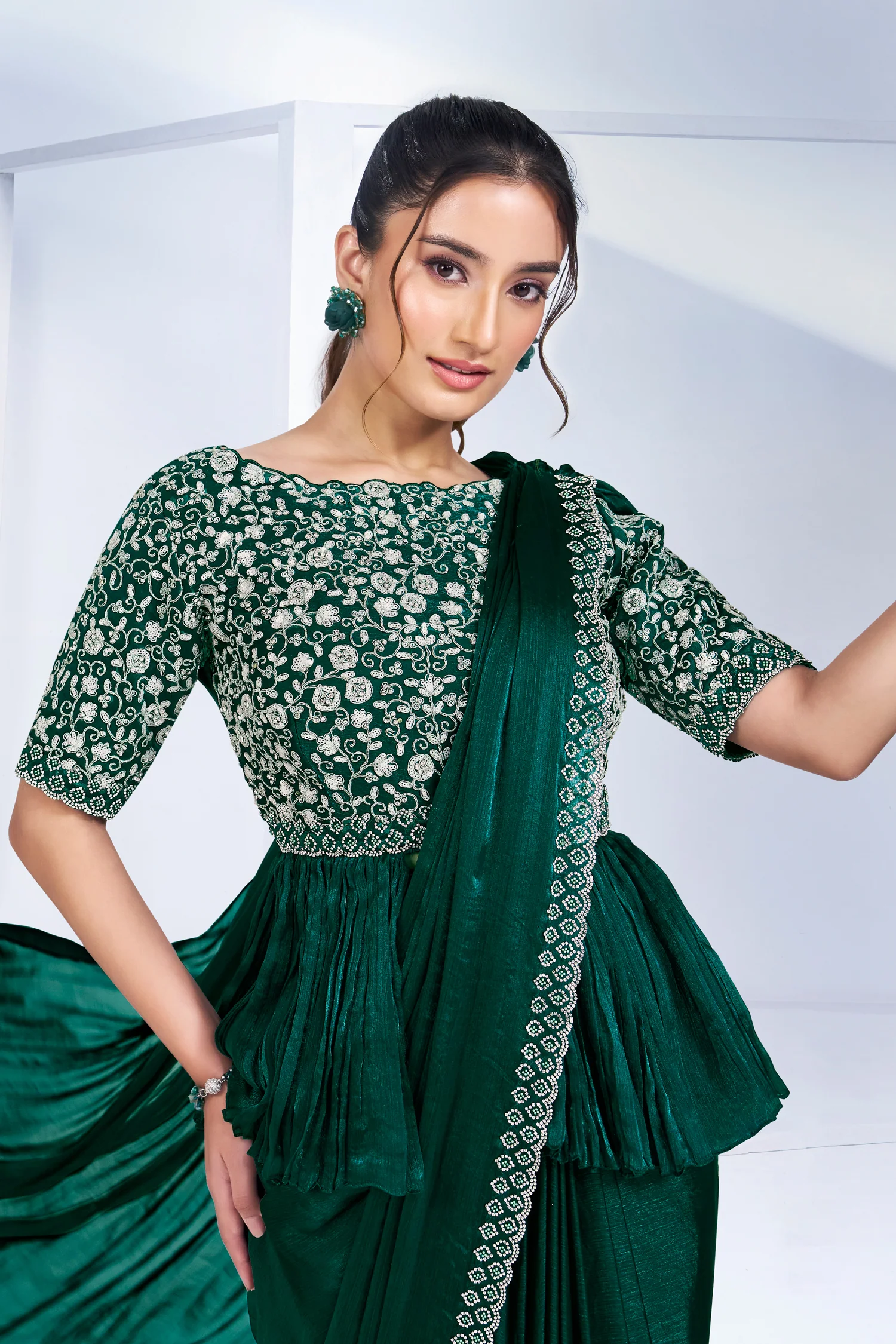 Green Shimmer Chiffon Readymade Saree with Peplum Style Blouse - Image 4