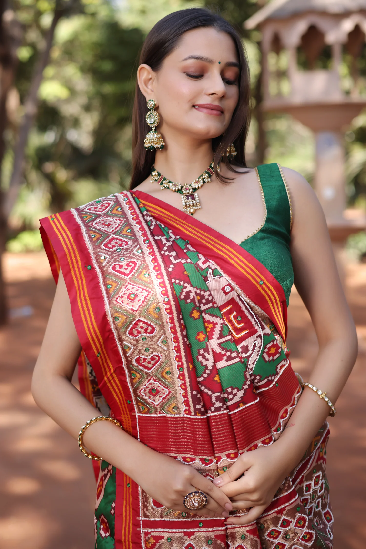 Green Silk Traditional Patola Saree with Beaded Work - Image 3
