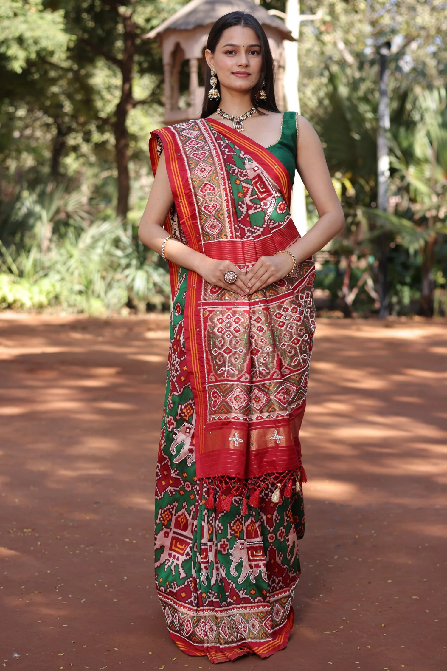 Green Silk Traditional Patola Saree with Beaded Work - Image 4