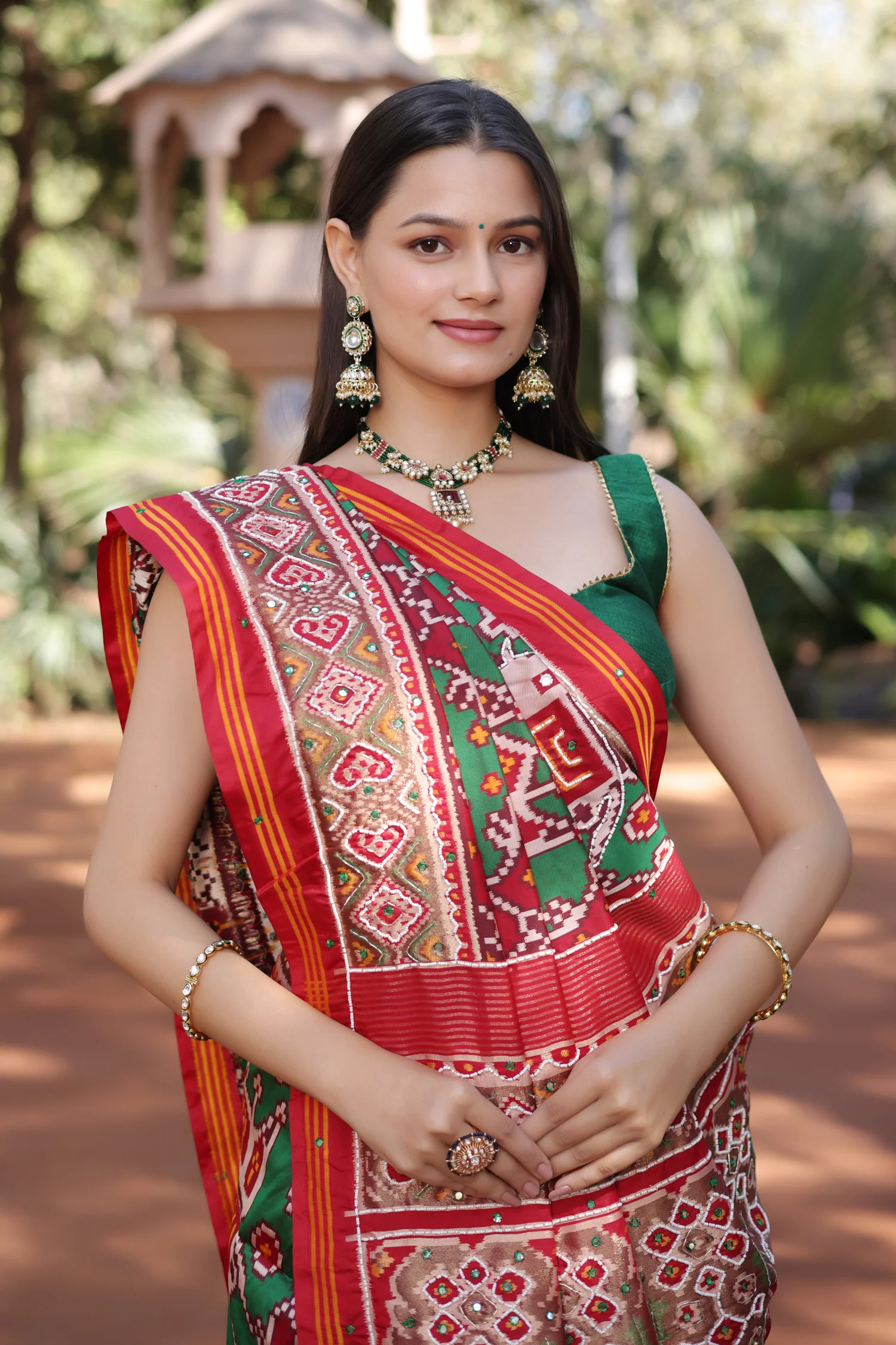 Green Silk Traditional Patola Saree with Beaded Work - Image 5