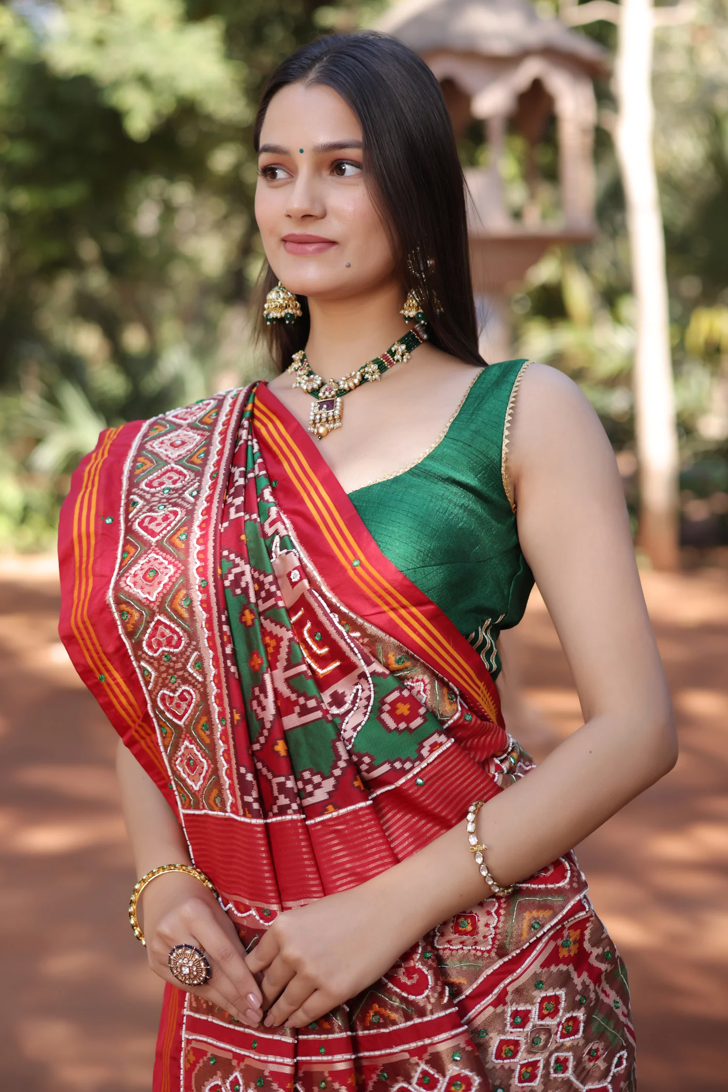 Green Silk Traditional Patola Saree with Beaded Work - Image 6