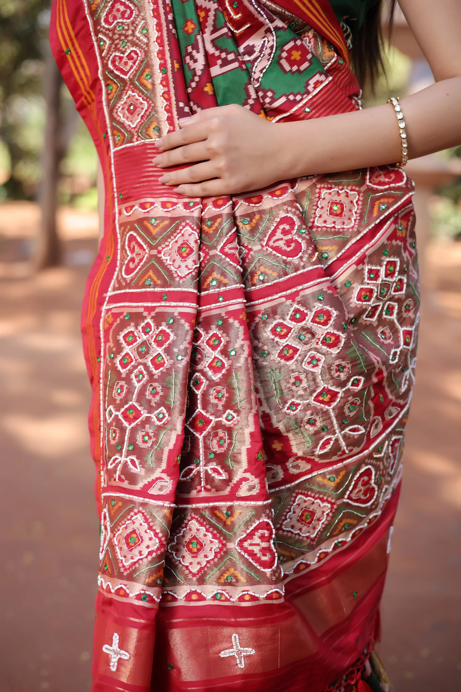 Green Silk Traditional Patola Saree with Beaded Work - Image 7