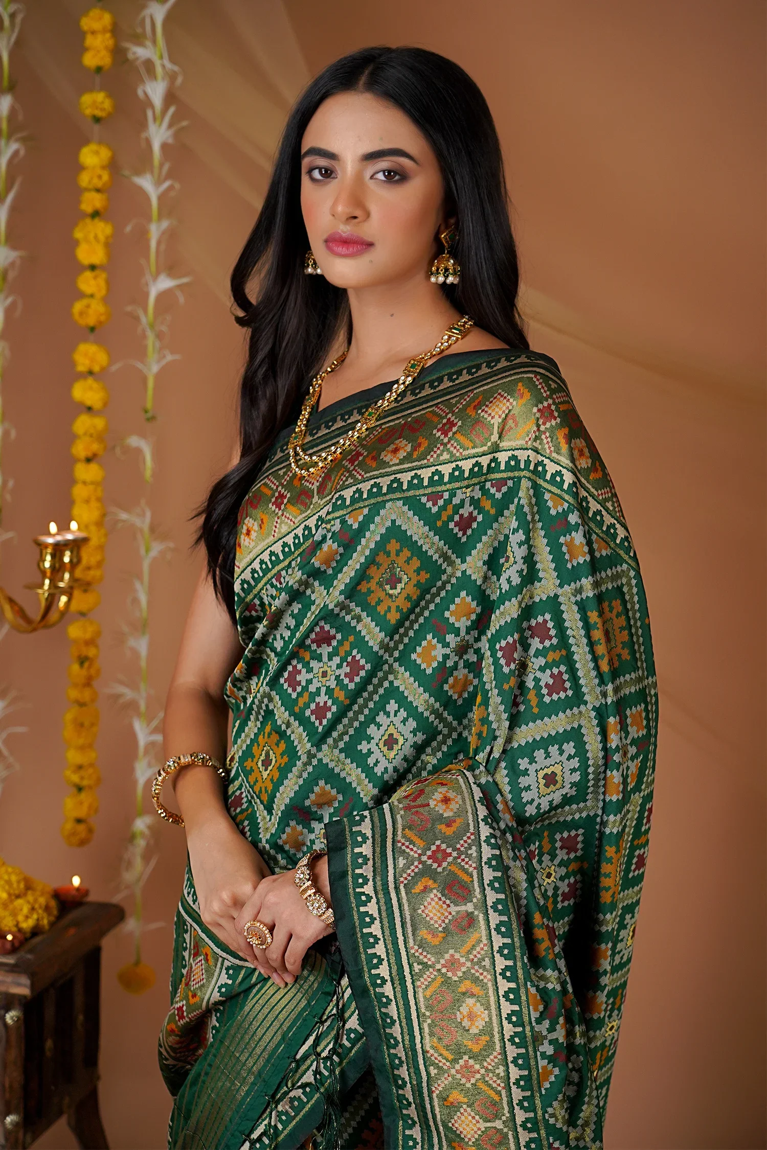 Green Traditional Patola Woven Saree in Silk - Image 3