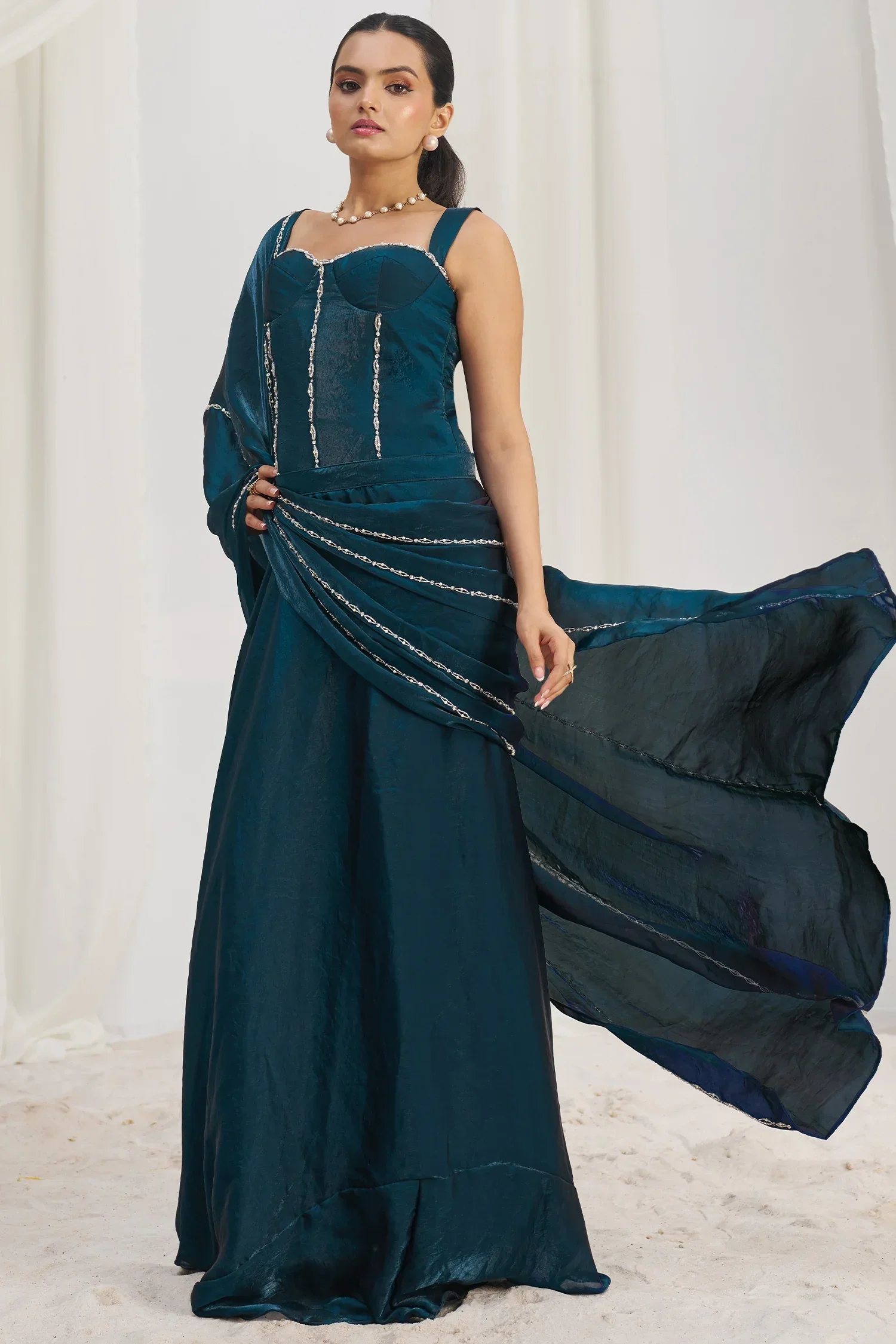 Indigo Dye Blue Organza Beaded Lehenga Pre-Draped Saree with Corset - Image 3