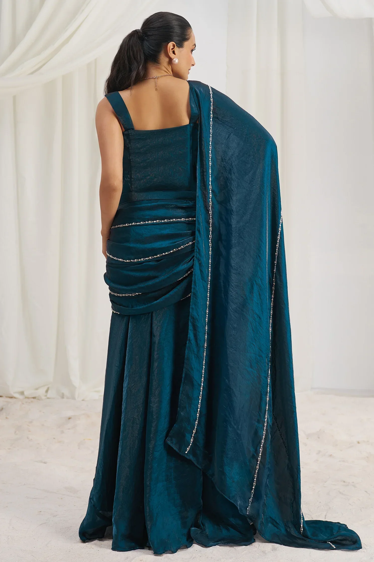 Indigo Dye Blue Organza Beaded Lehenga Pre-Draped Saree with Corset - Image 4