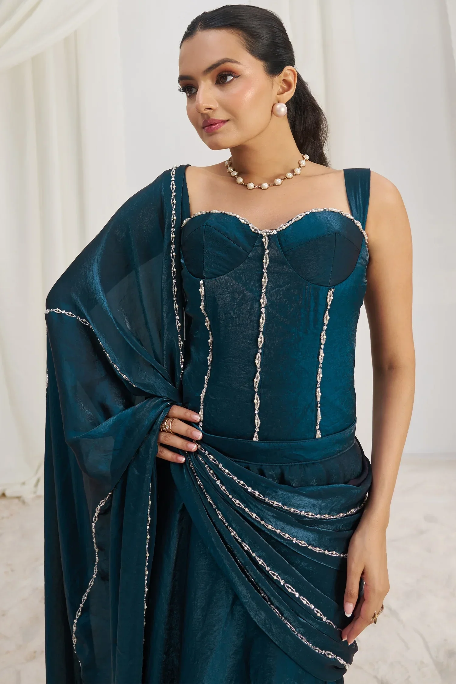 Indigo Dye Blue Organza Beaded Lehenga Pre-Draped Saree with Corset - Image 5