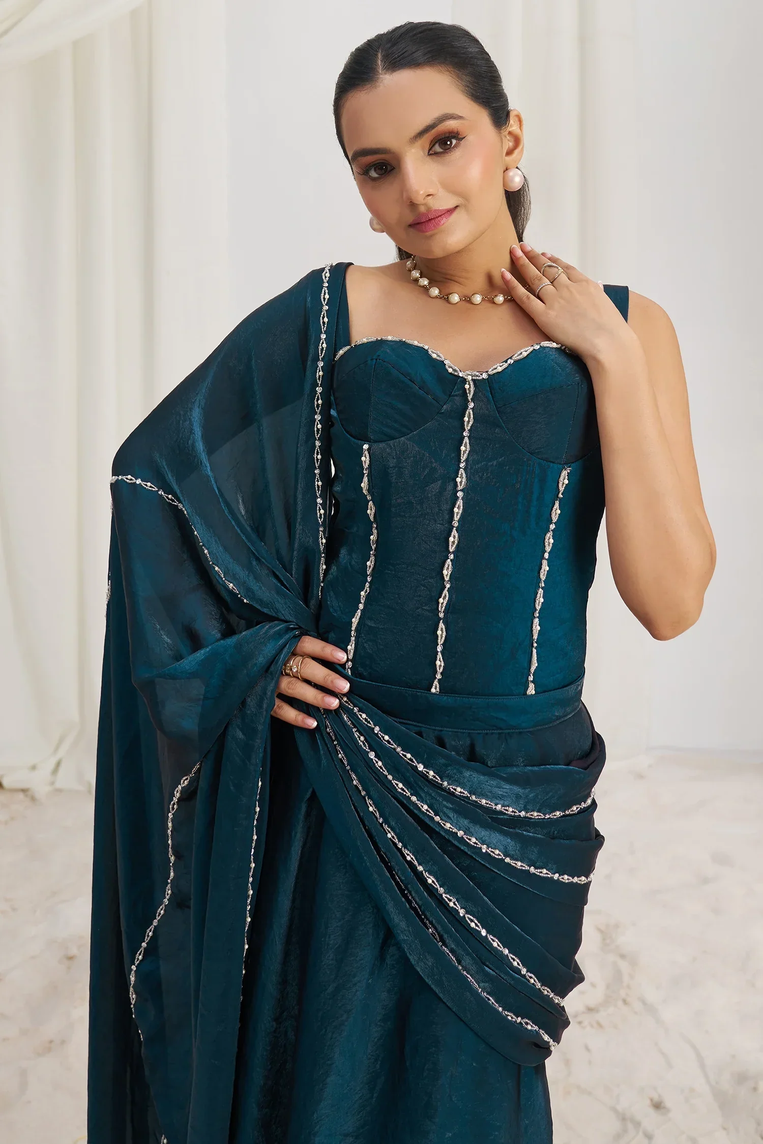 Indigo Dye Blue Organza Beaded Lehenga Pre-Draped Saree with Corset - Image 6