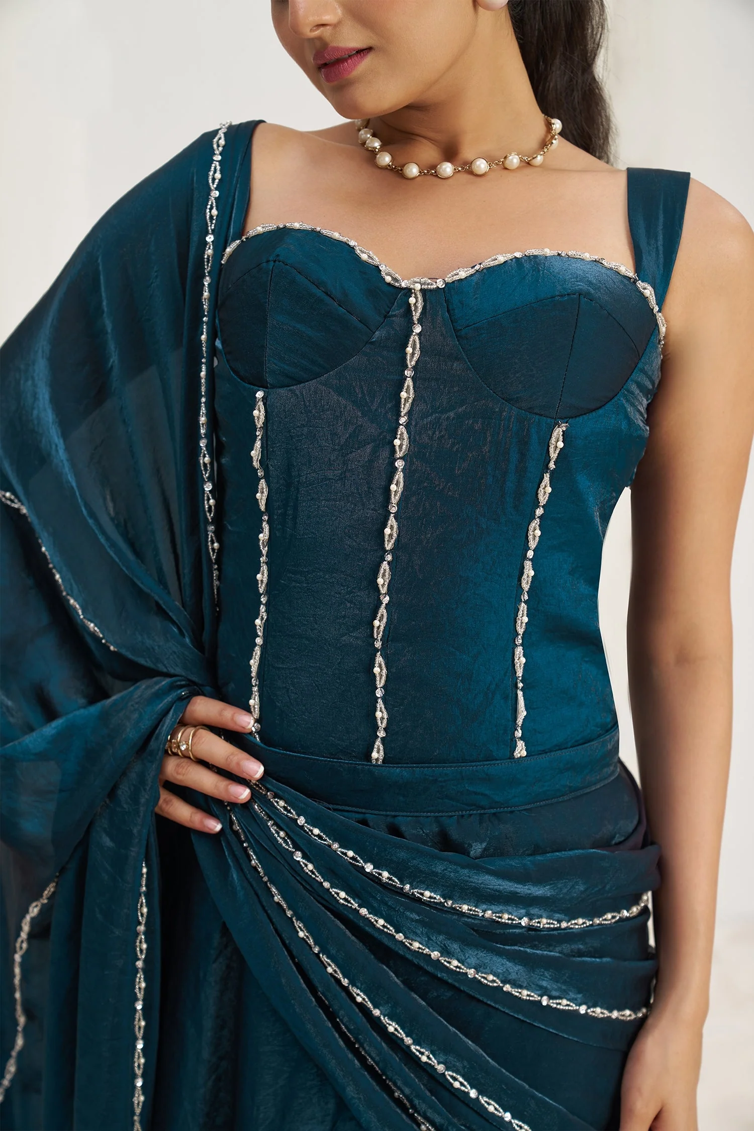 Indigo Dye Blue Organza Beaded Lehenga Pre-Draped Saree with Corset - Image 7