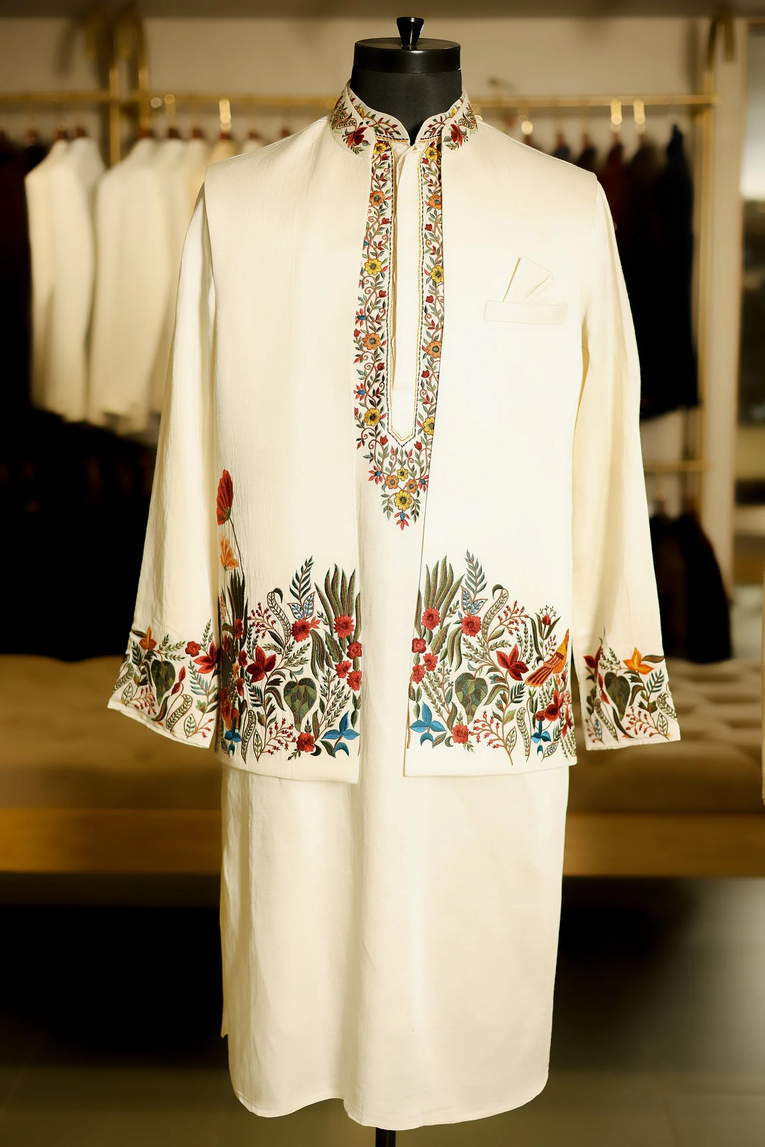 Ivory Beige Silk Kurta Set with Resham Embroidery - Image 3
