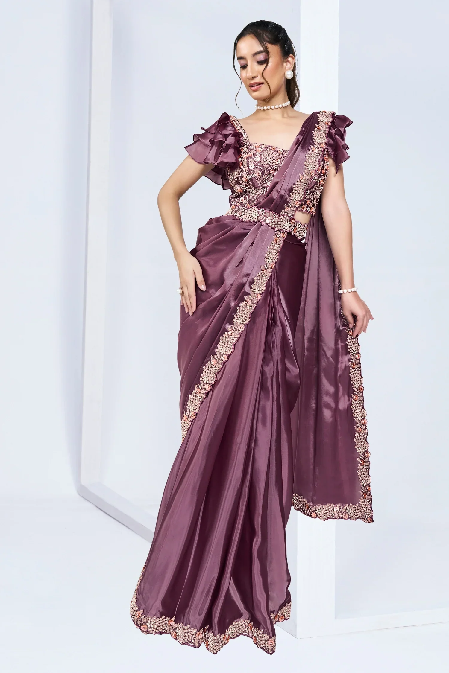 Lavender Crepe Satin Silk Readymade Saree with Beads Embroidery Lace and Pentagon Neckline Blouse - Image 3