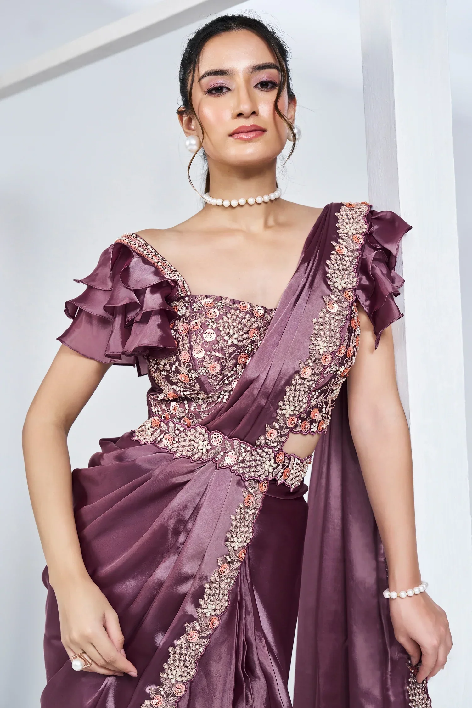 Lavender Crepe Satin Silk Readymade Saree with Beads Embroidery Lace and Pentagon Neckline Blouse - Image 4