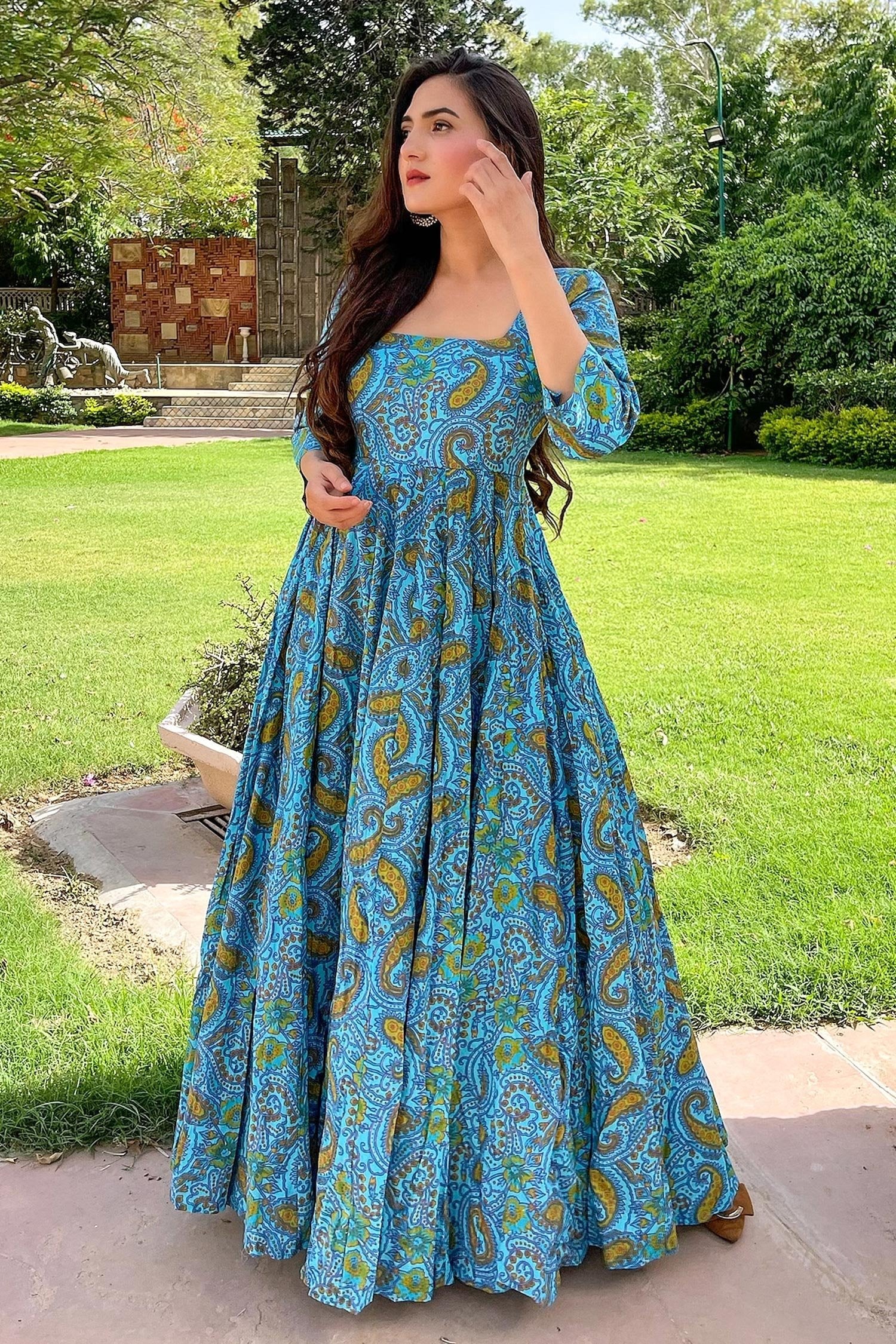 Light Blue Cotton Paisley Printed Kurti - Image 3