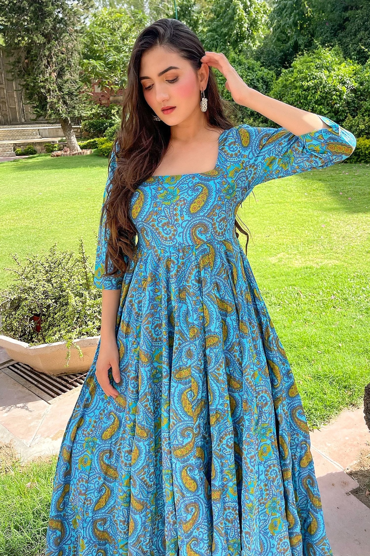 Light Blue Cotton Paisley Printed Kurti - Image 5