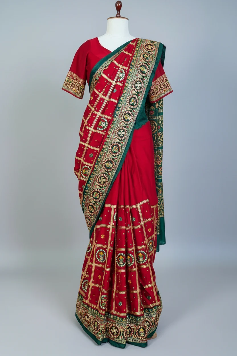 Maroon Gaji Silk Swastik Motif Traditional Gharchola Saree with Embroidery - Image 3