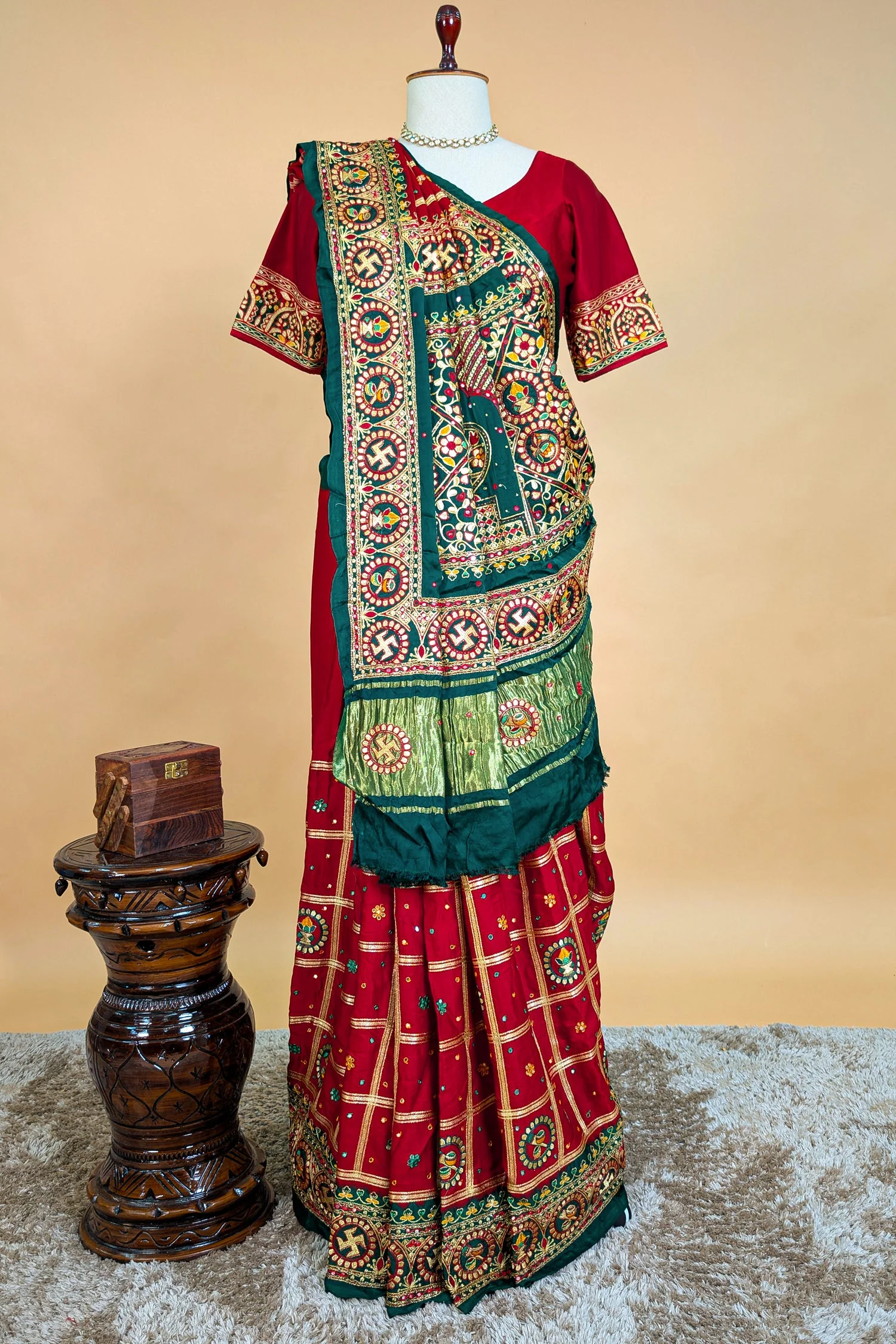 Maroon Gaji Silk Swastik Motif Traditional Gharchola Saree with Embroidery - Image 4