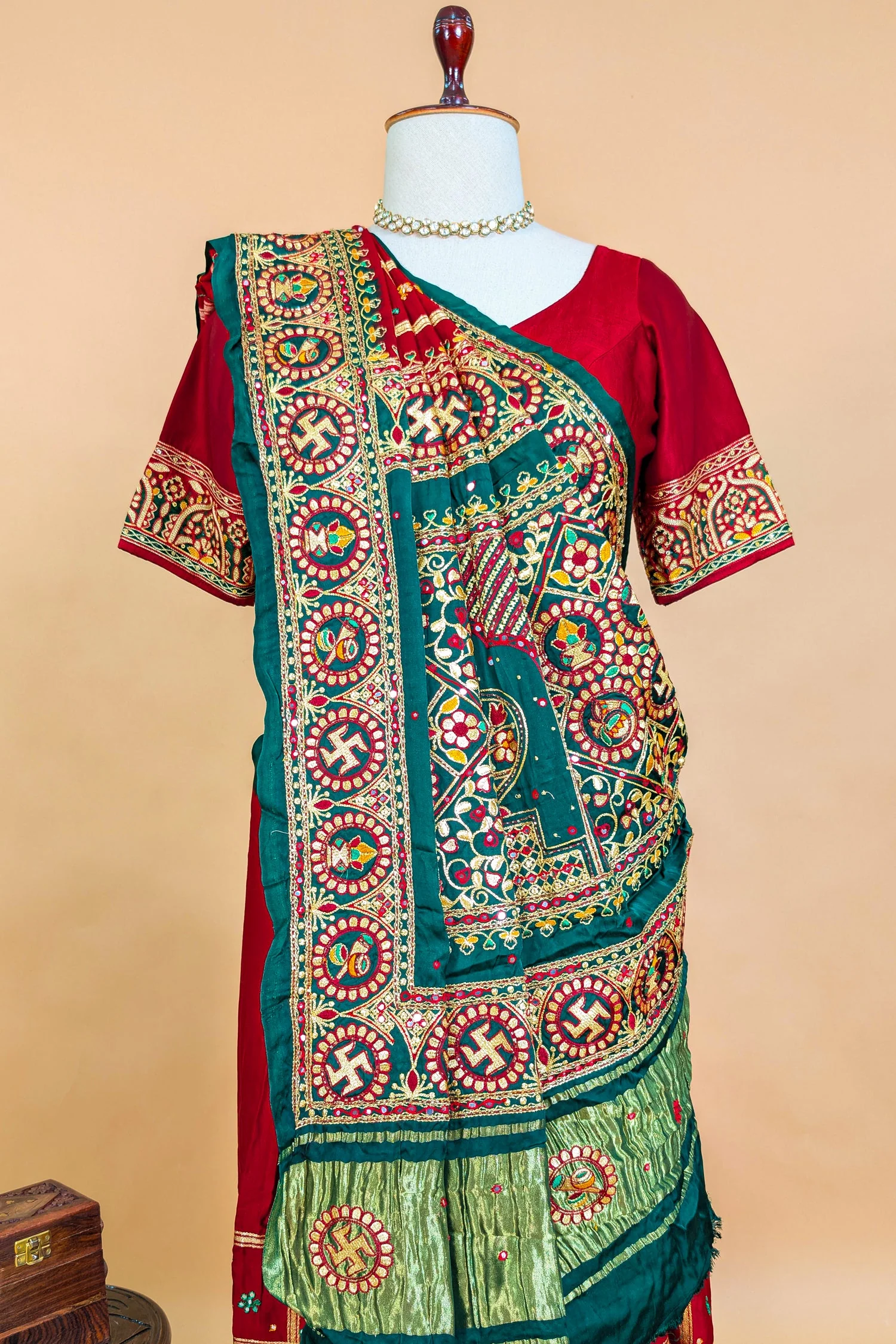 Maroon Gaji Silk Swastik Motif Traditional Gharchola Saree with Embroidery - Image 5