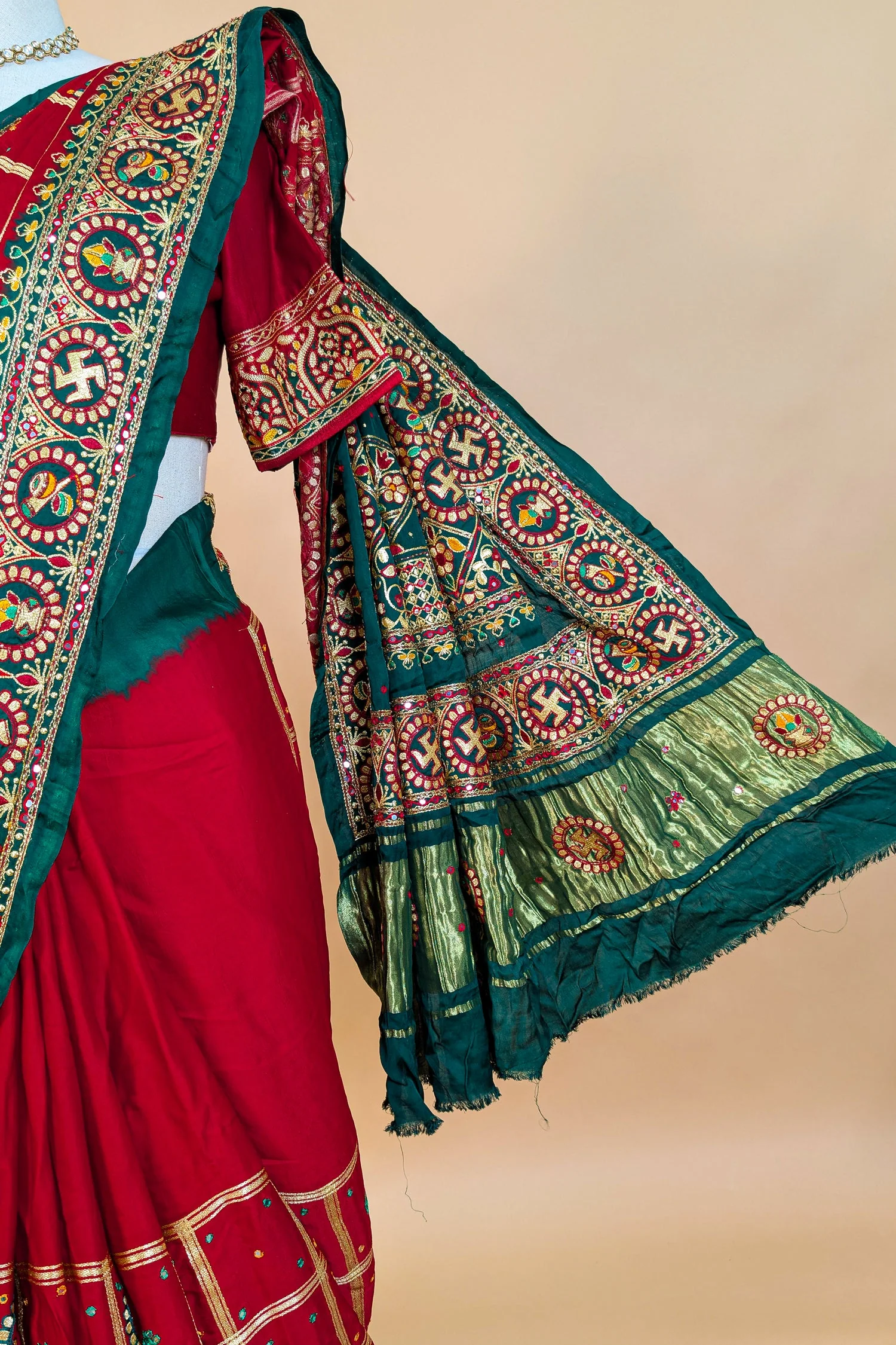 Maroon Gaji Silk Swastik Motif Traditional Gharchola Saree with Embroidery - Image 6