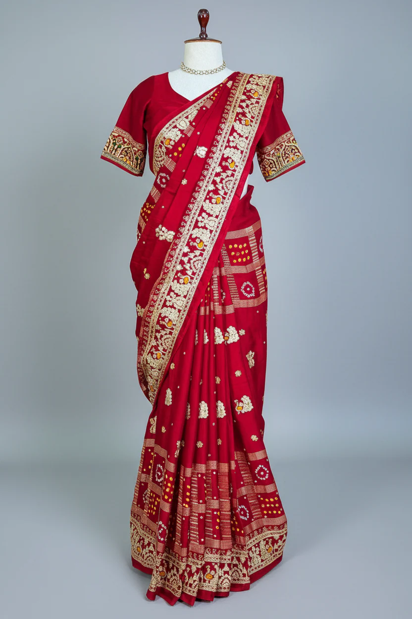Maroon Gaji Silk Traditional Bandhej Checks Gharchola Saree with Embroidery and Peacock Motif - Image 3