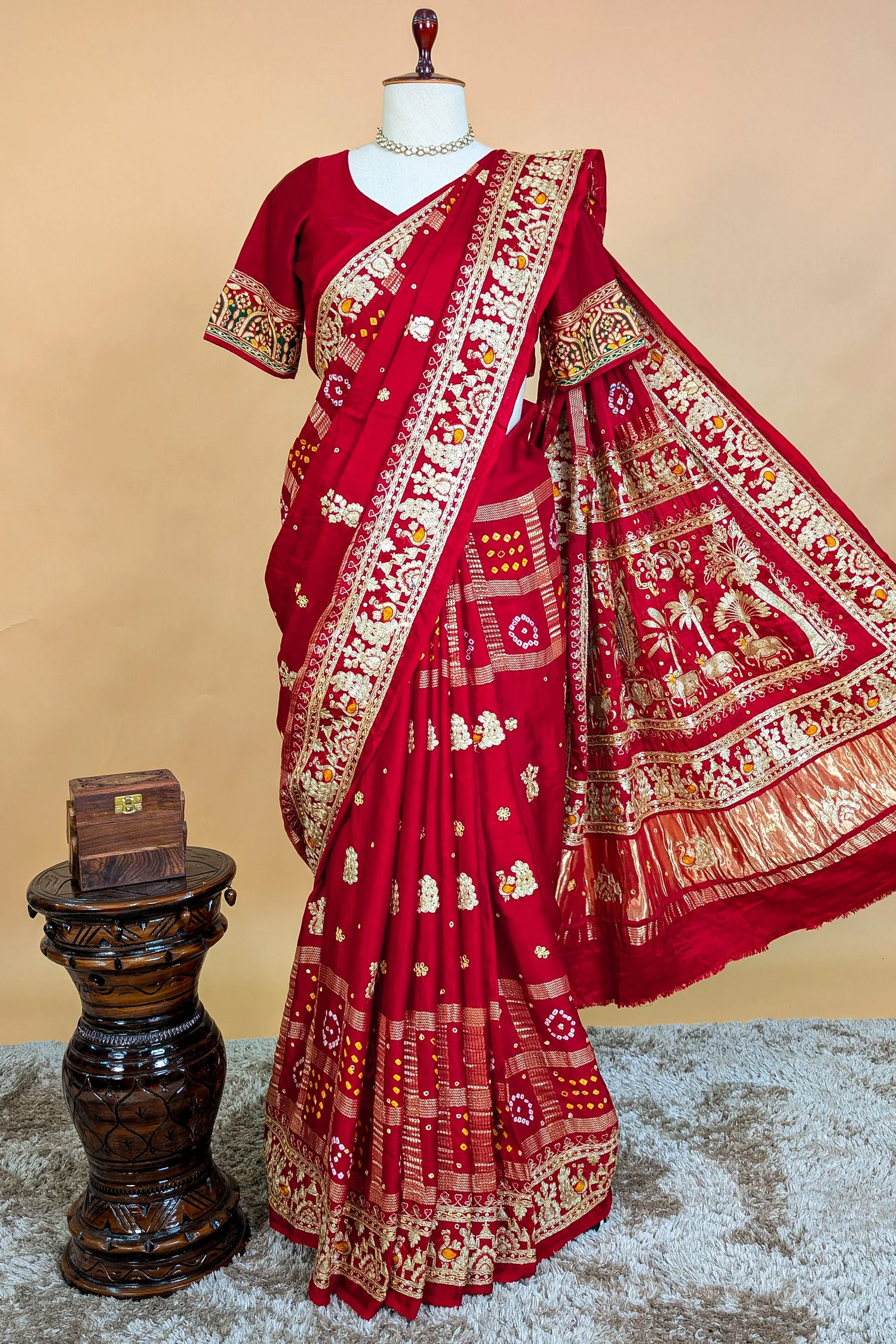 Maroon Gaji Silk Traditional Bandhej Checks Gharchola Saree with Embroidery and Peacock Motif - Image 4