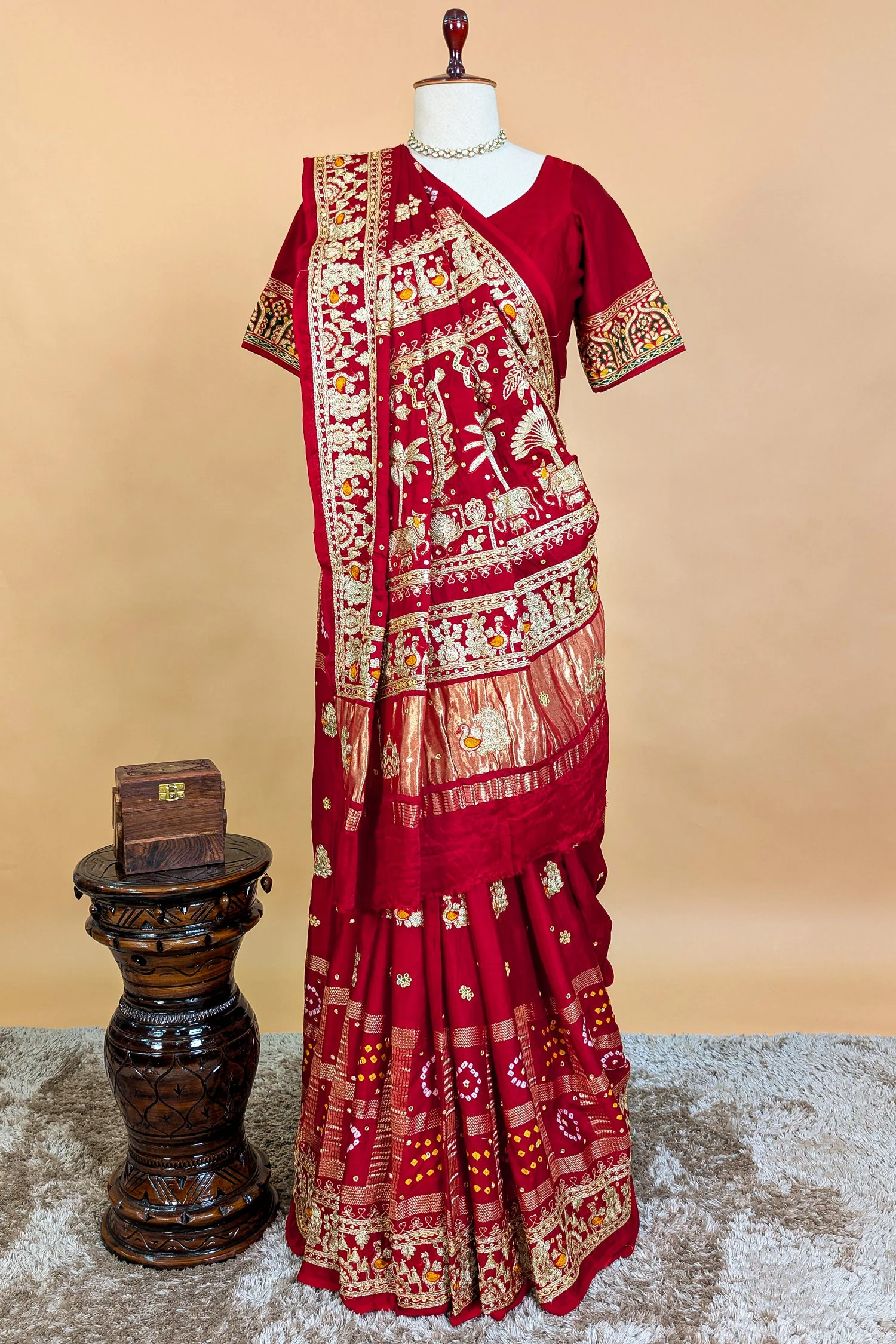 Maroon Gaji Silk Traditional Bandhej Checks Gharchola Saree with Embroidery and Peacock Motif - Image 5