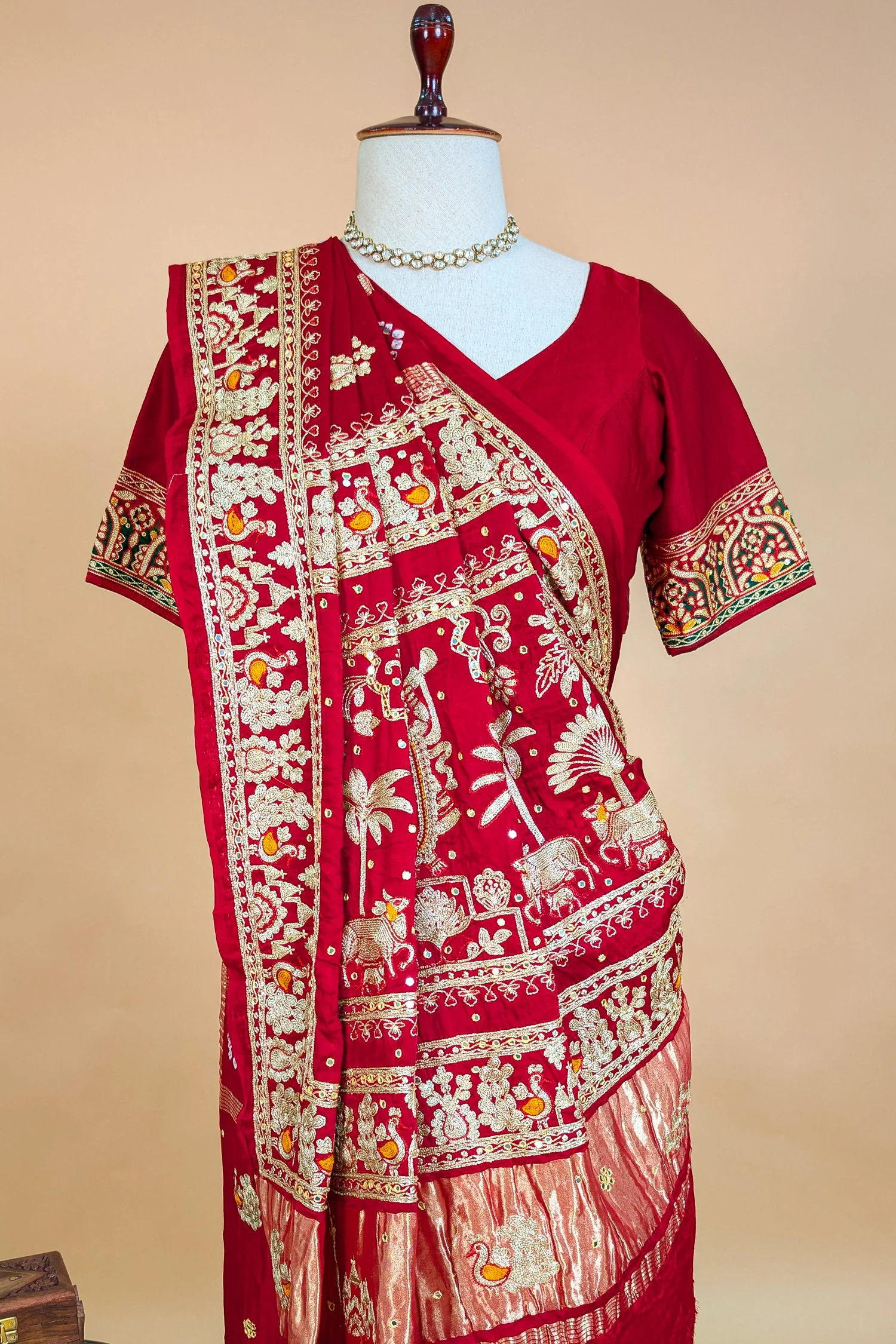 Maroon Gaji Silk Traditional Bandhej Checks Gharchola Saree with Embroidery and Peacock Motif - Image 6