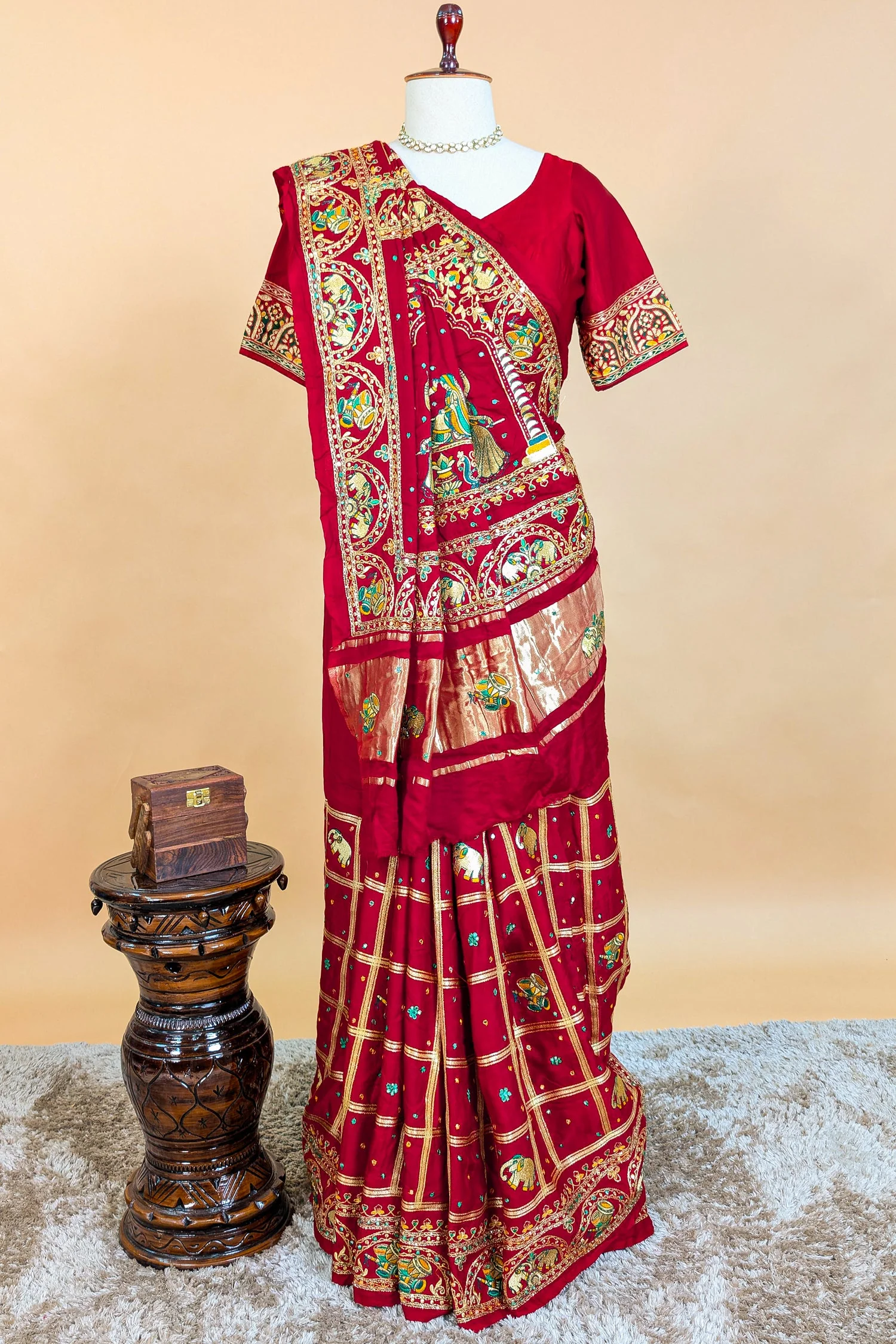 Maroon Gaji Silk Traditional Checks Gharchola Saree - Image 3